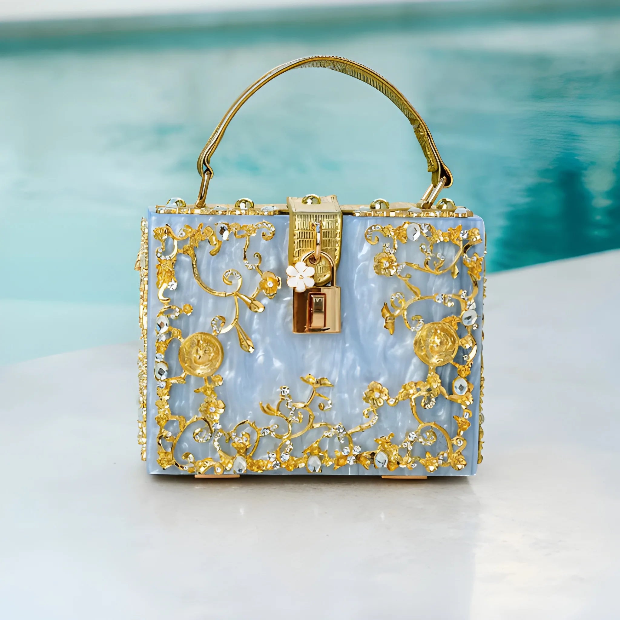 Women's Structured Hand Bag with Floral Embellishments and Top Handle
