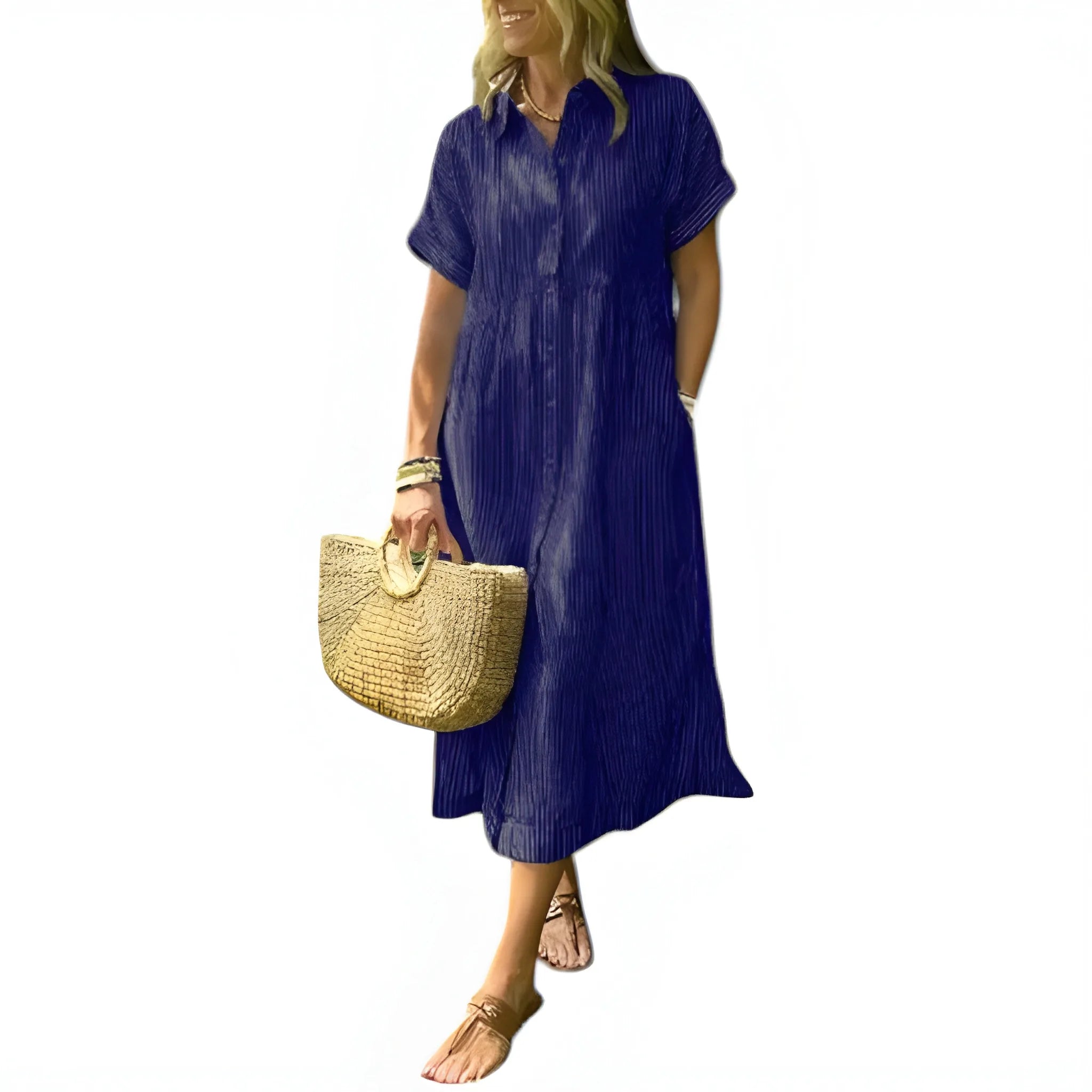 Women's Casual Flowy Midi Summer Dress with Short Sleeve and Button Front