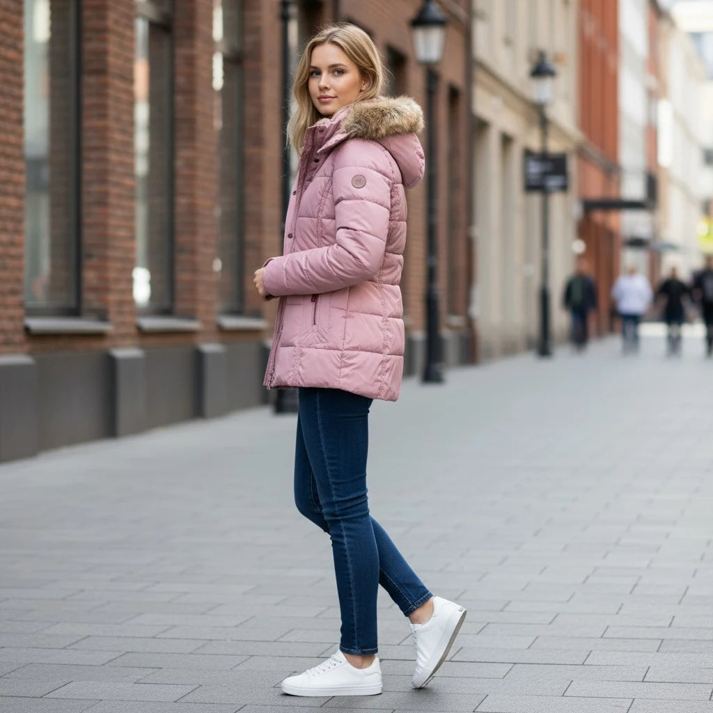 Woman wearing a pink puffer jacket with fur hood on a city street.