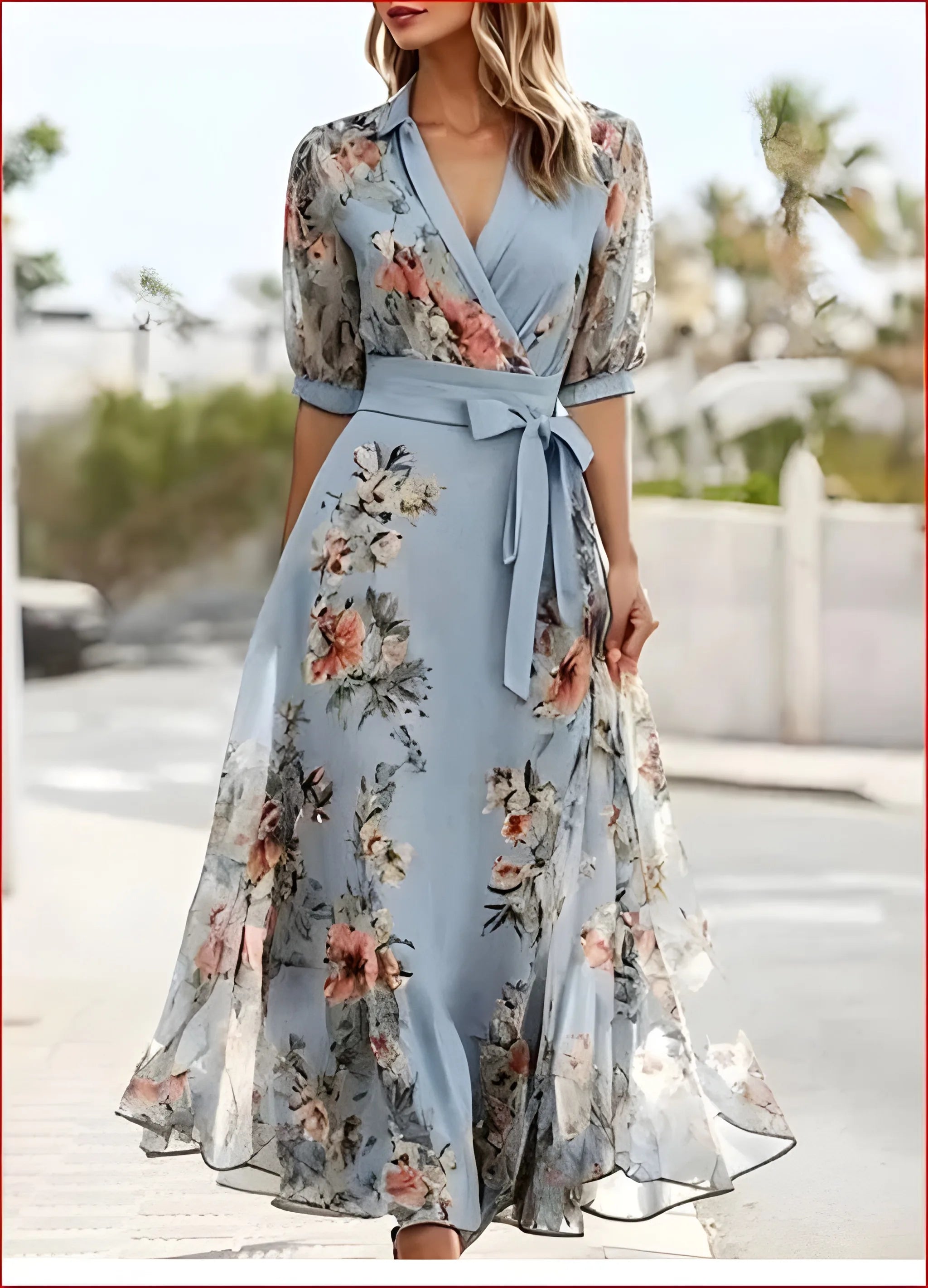 Women's Floral Elegant Midi Summer Dress with V-Neck