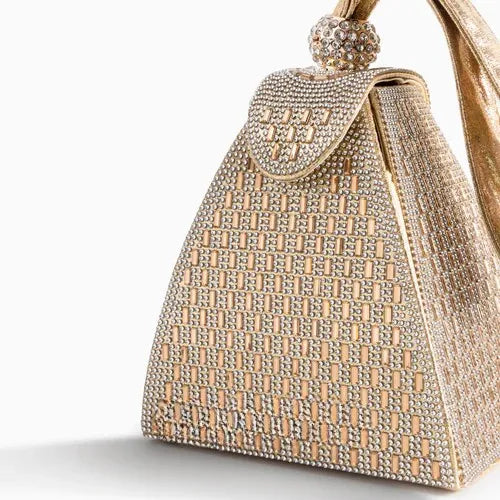 Women's Asymmetrical Hand Bag with Rhinestone Handle and Magnetic Closure