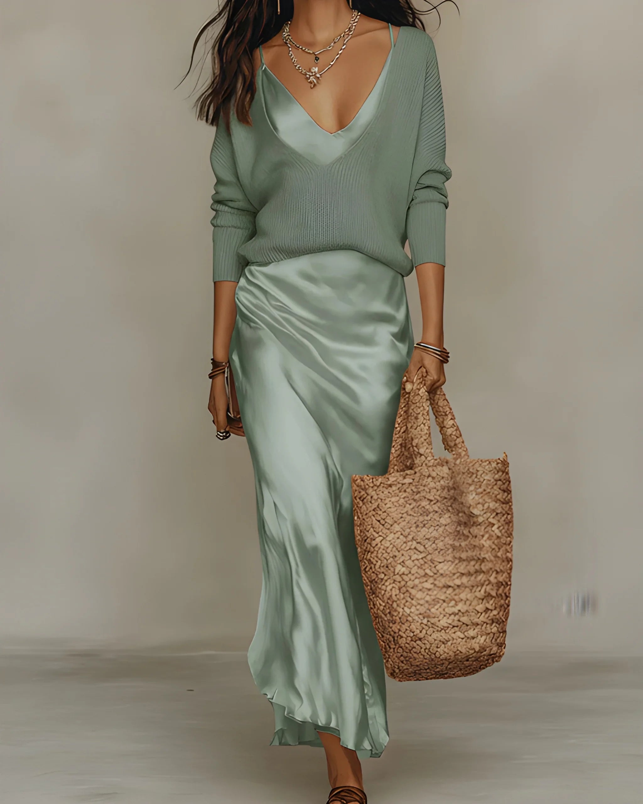 Women's Elegant Flowy Midi Summer Dress with Sweater Set