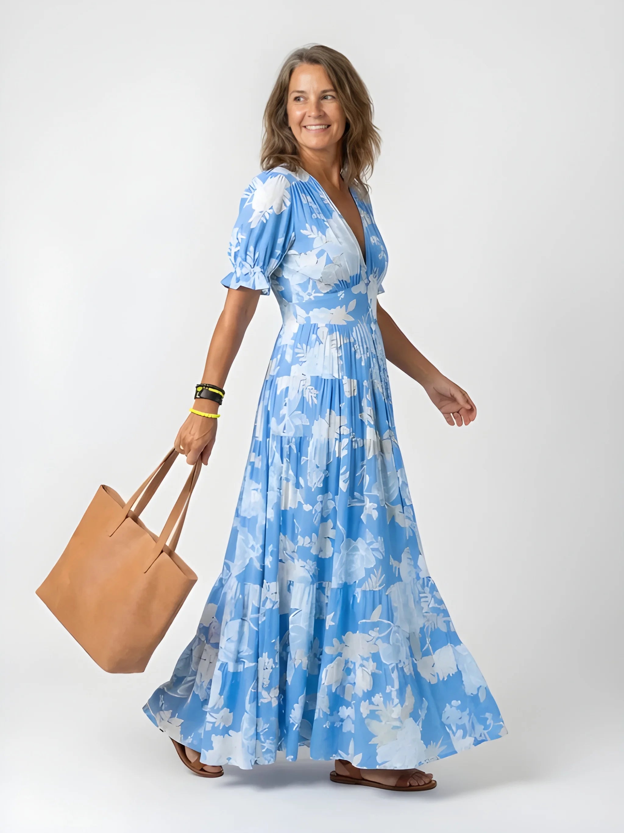 Women's Floral Boho Maxi Summer Dress with Short Sleeves