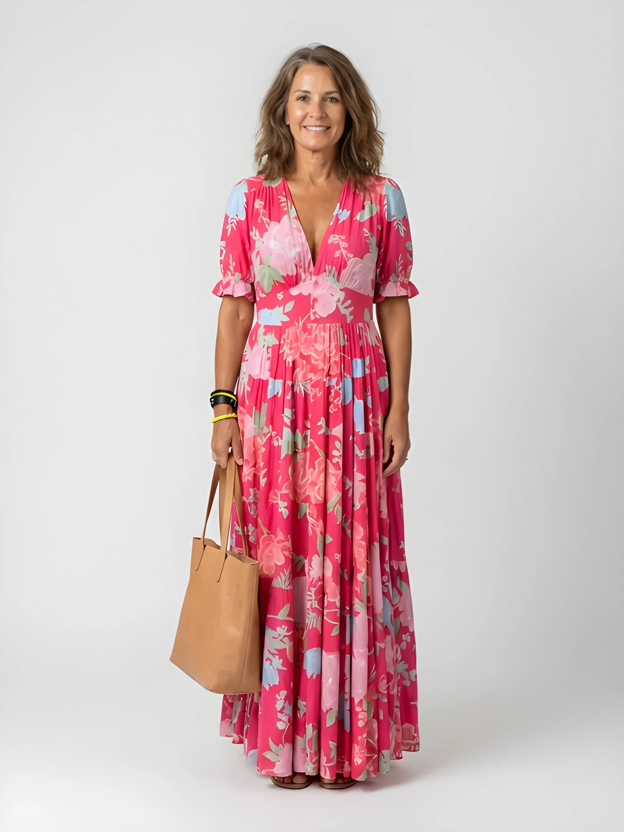 Women's Floral Boho Maxi Summer Dress with Short Sleeves