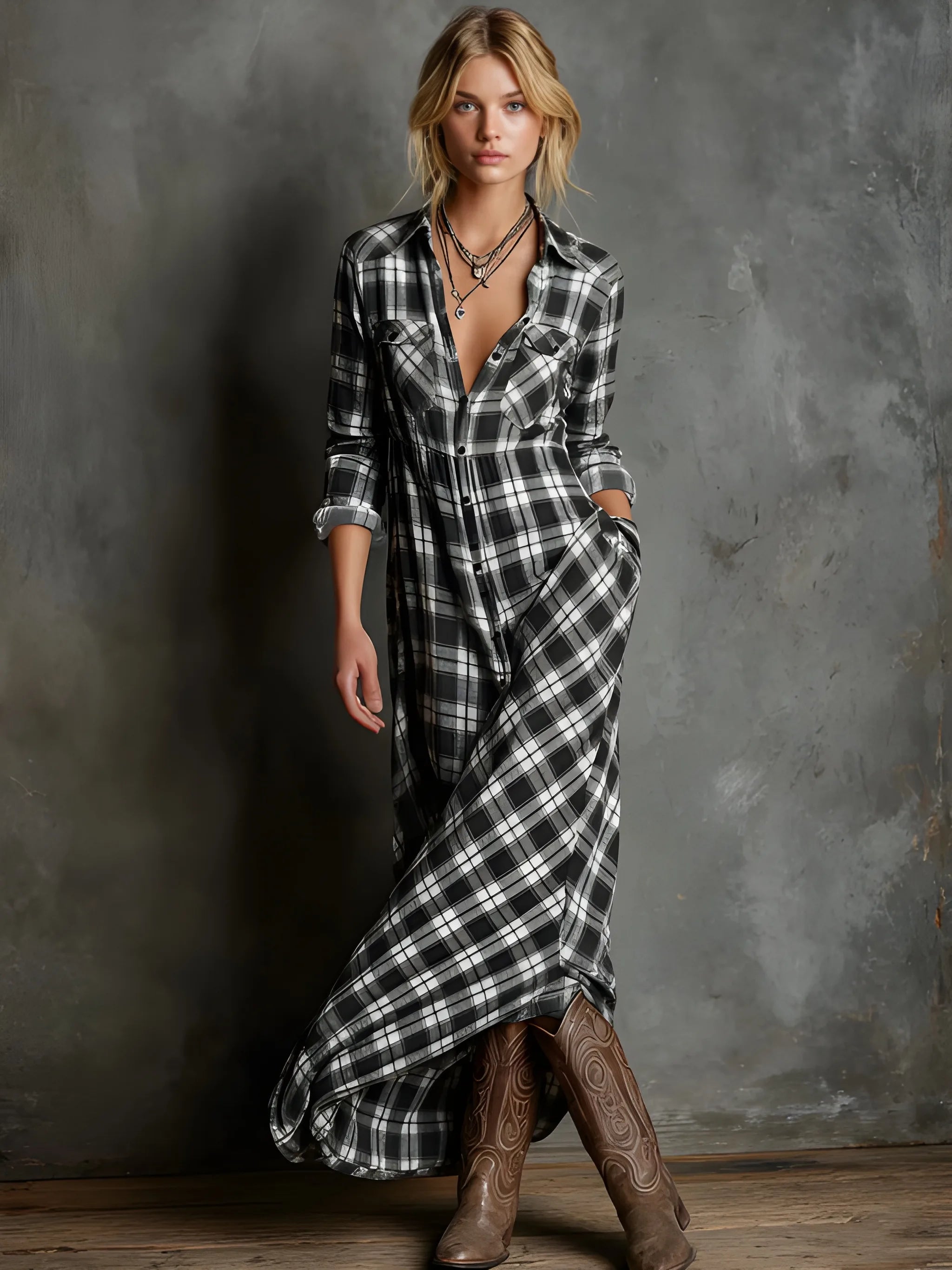 Women's Casual Plaid Maxi Summer Dress with Long Sleeves