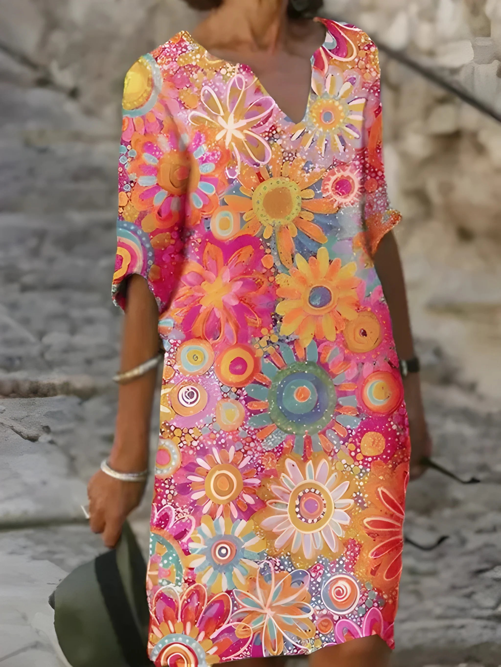 Women's Vintage Floral Midi Summer Dress with V-Neck