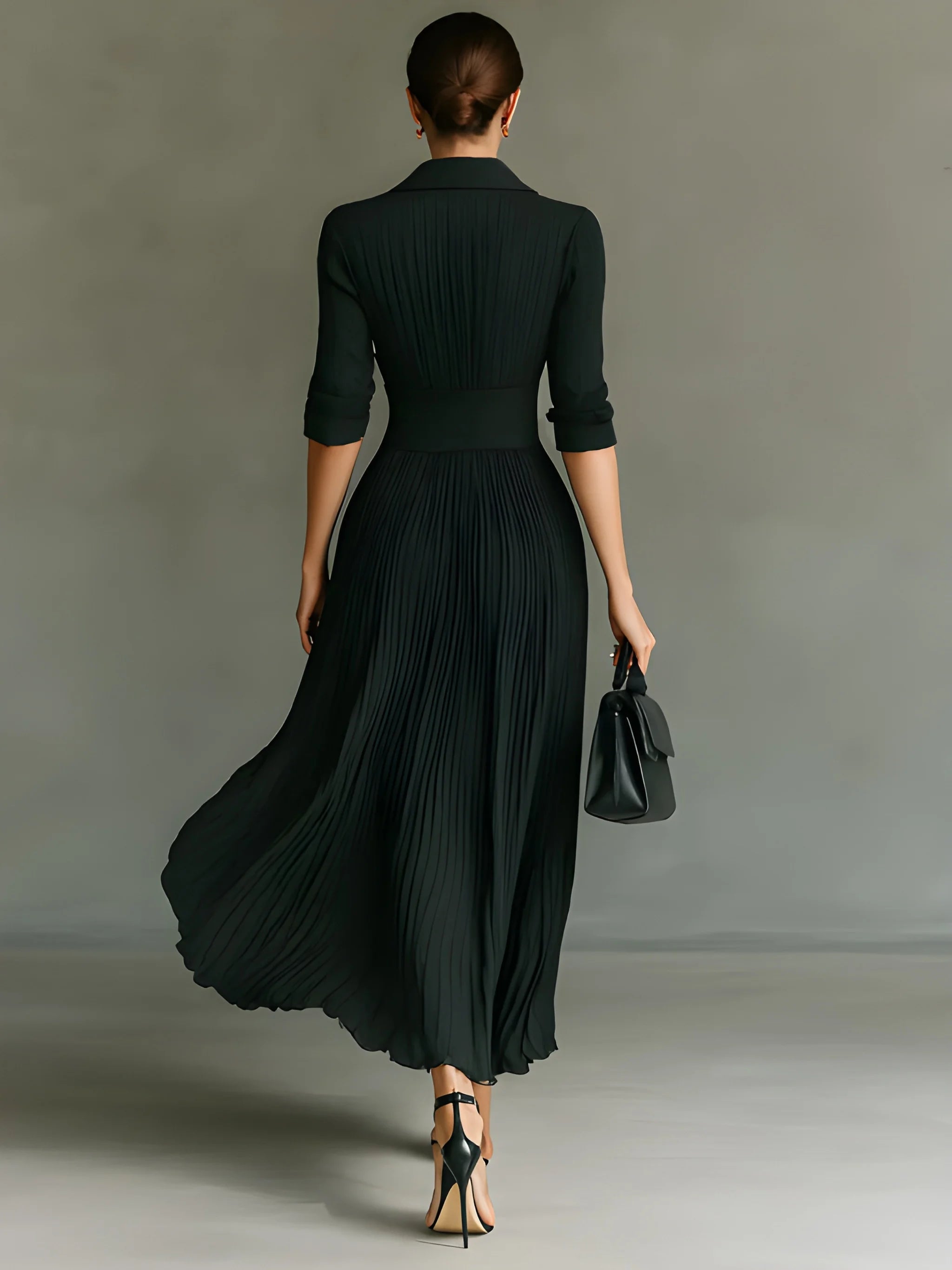 Women's Casual Elegant Maxi Summer Dress with Pleated Skirt and Long Sleeve