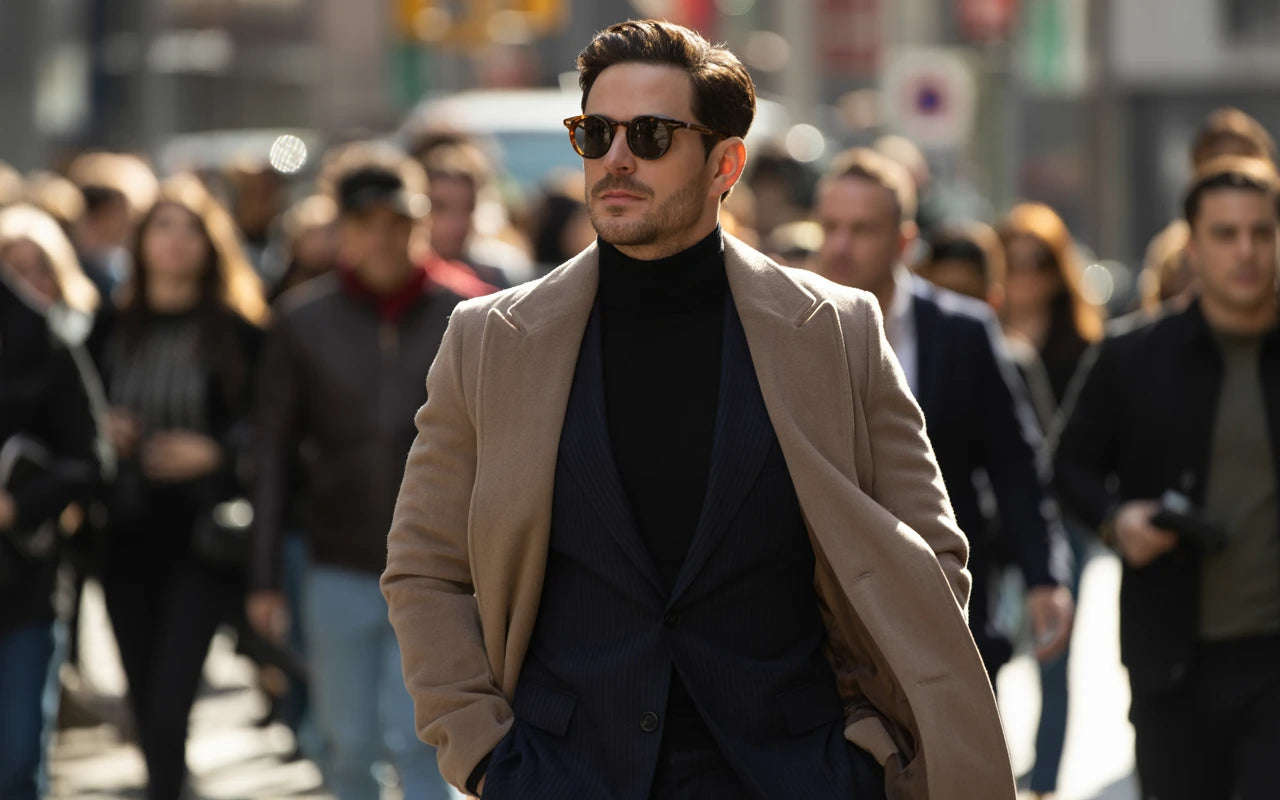 Man in a beige coat and sunglasses walking through a busy city street.