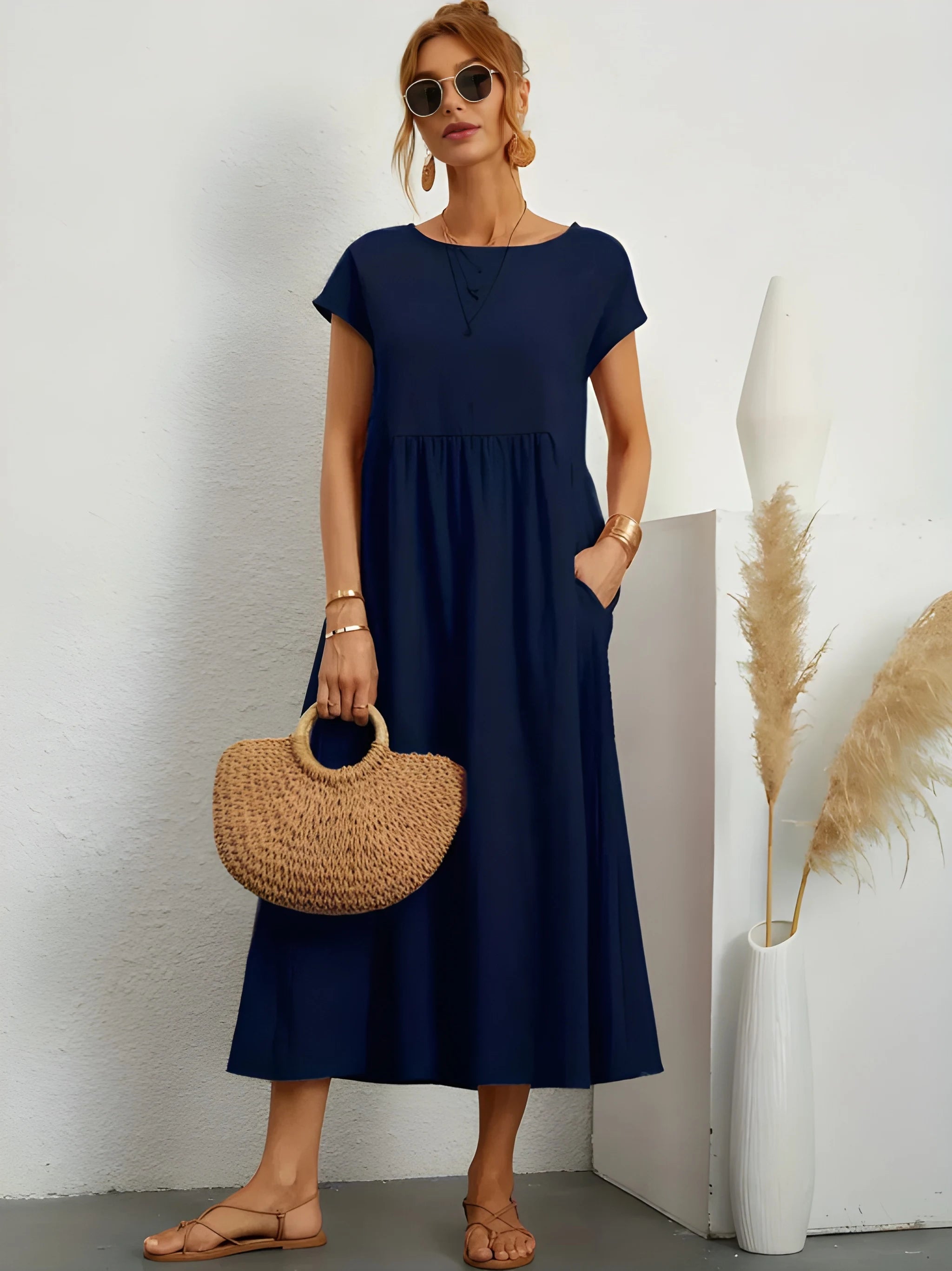 Women's Elegant Flowy Midi Summer Dress with Short Sleeves