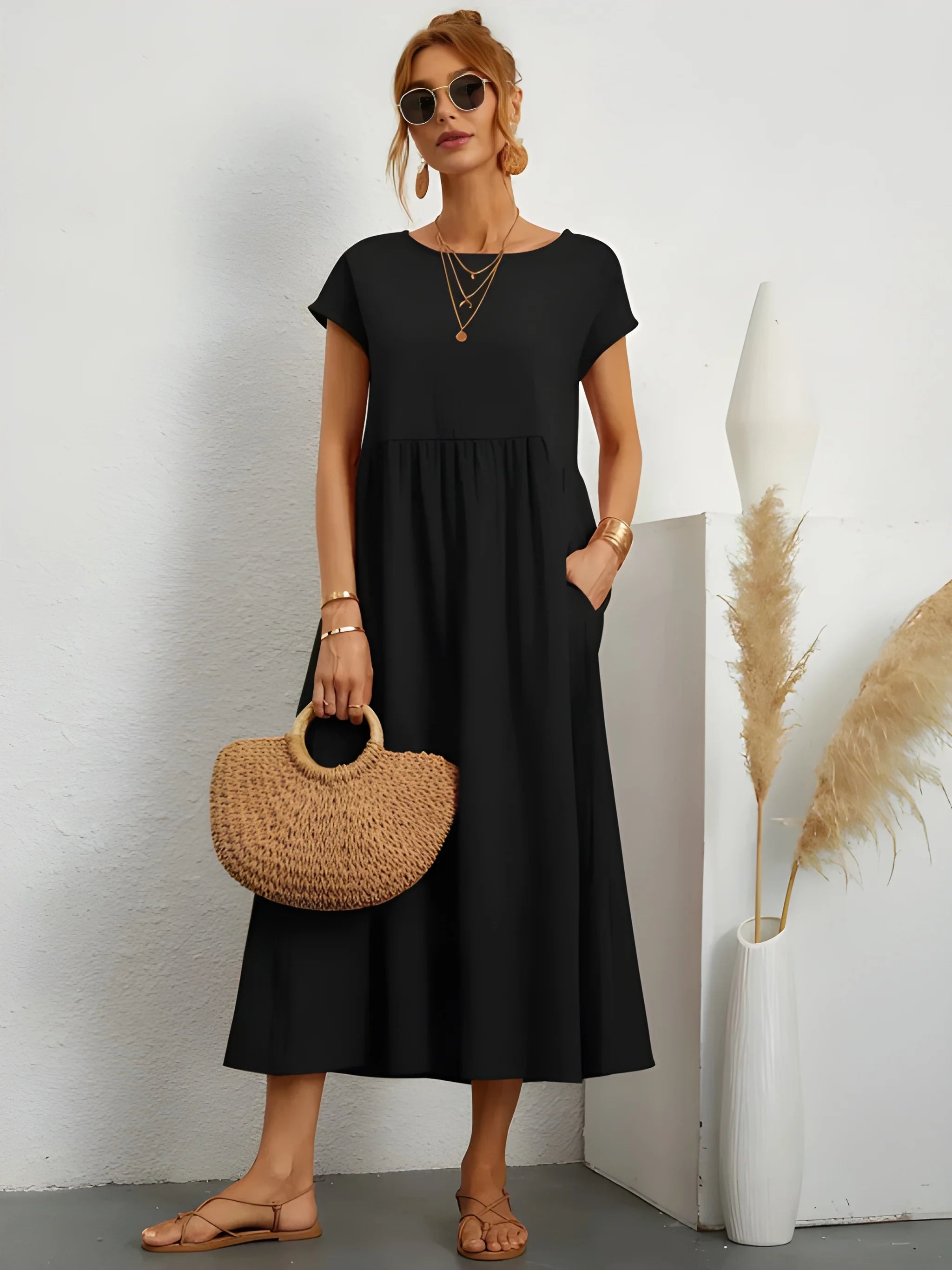 Women's Elegant Flowy Midi Summer Dress with Short Sleeves