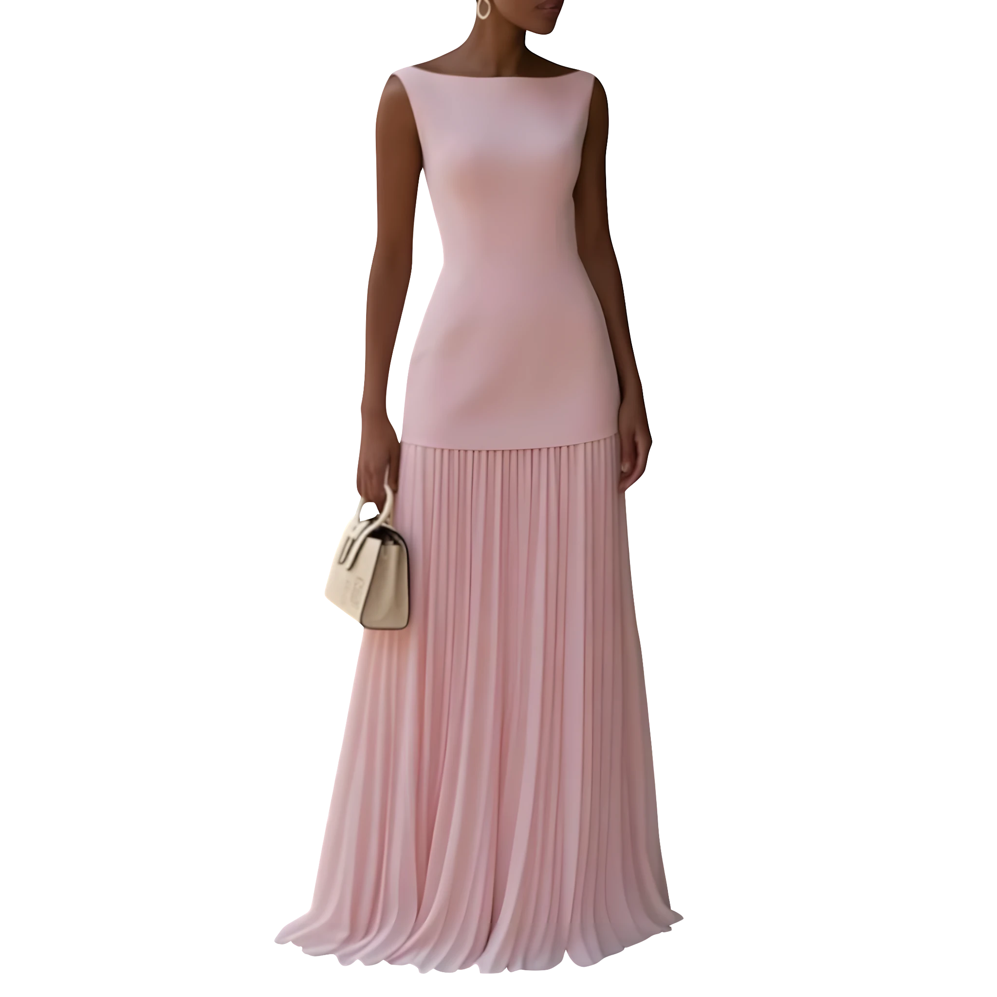 Women's Formal Maxi Dress with Square Neckline and Pleated Skirt
