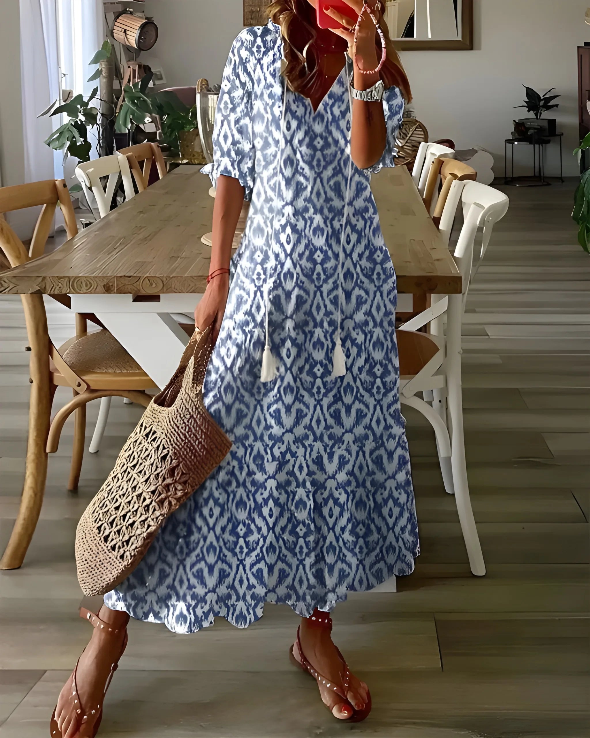 Women's Floral Boho Maxi Summer Dress with Tassel Details