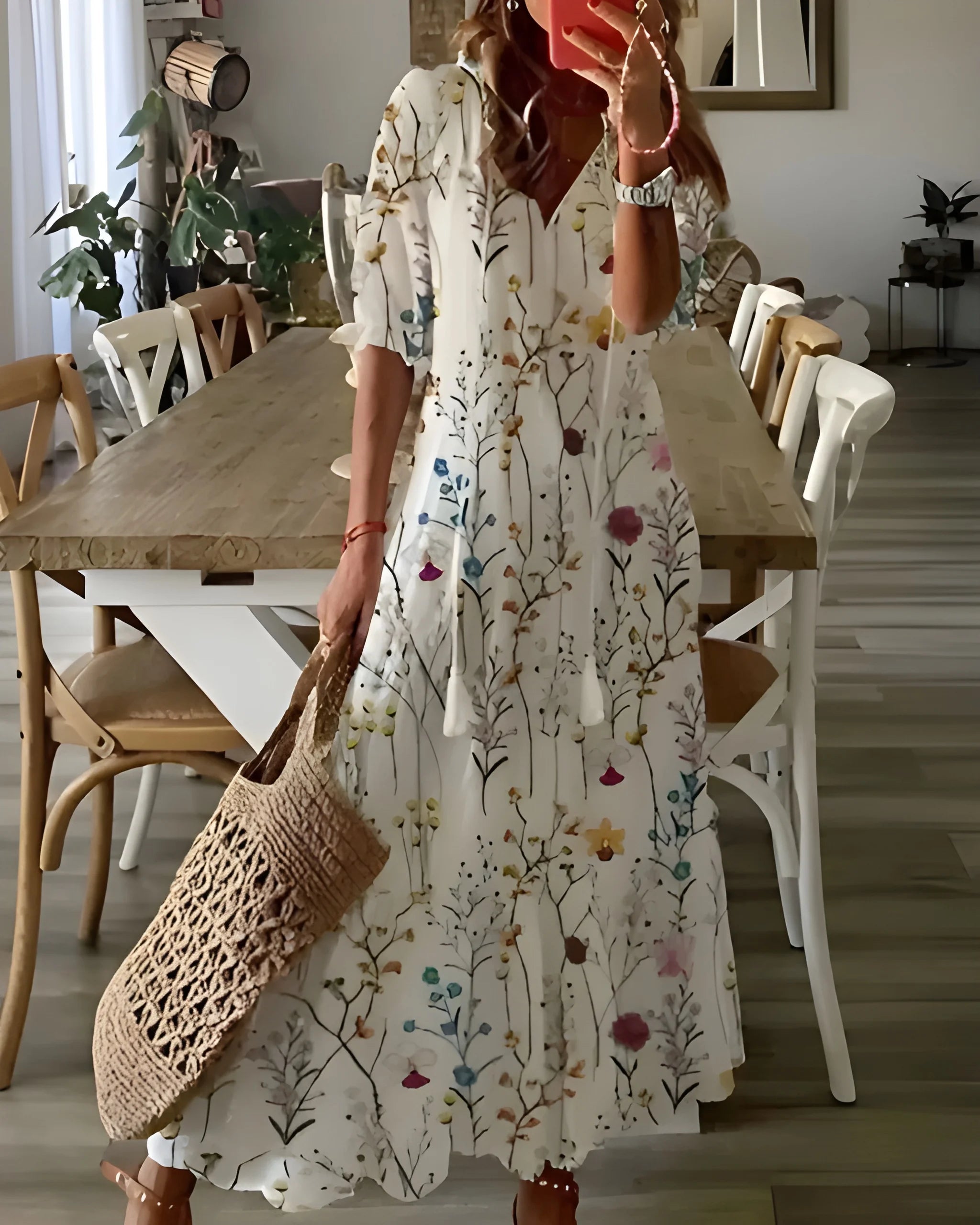 Women's Floral Boho Maxi Summer Dress with Tassel Details