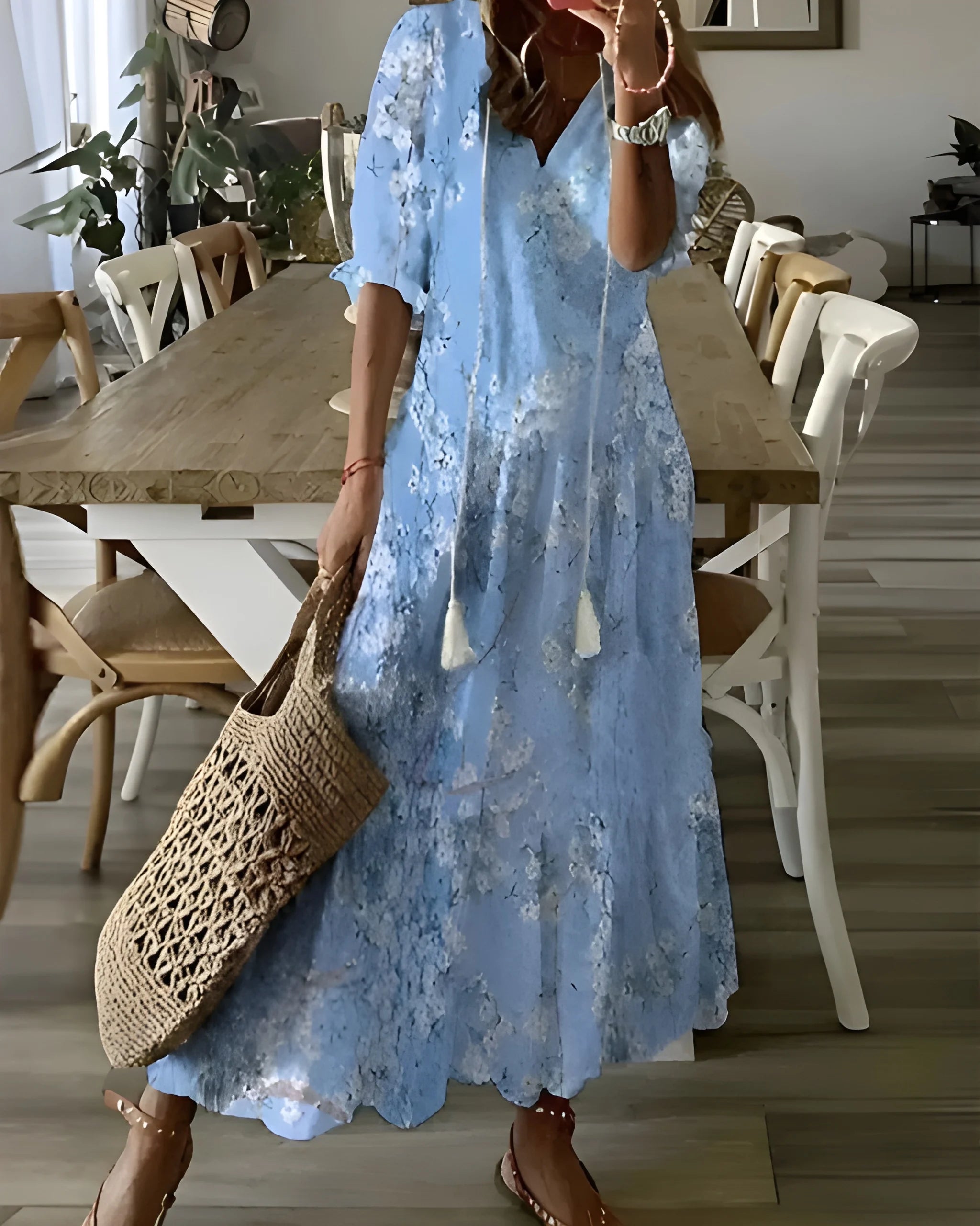 Women's Floral Boho Maxi Summer Dress with Tassel Details