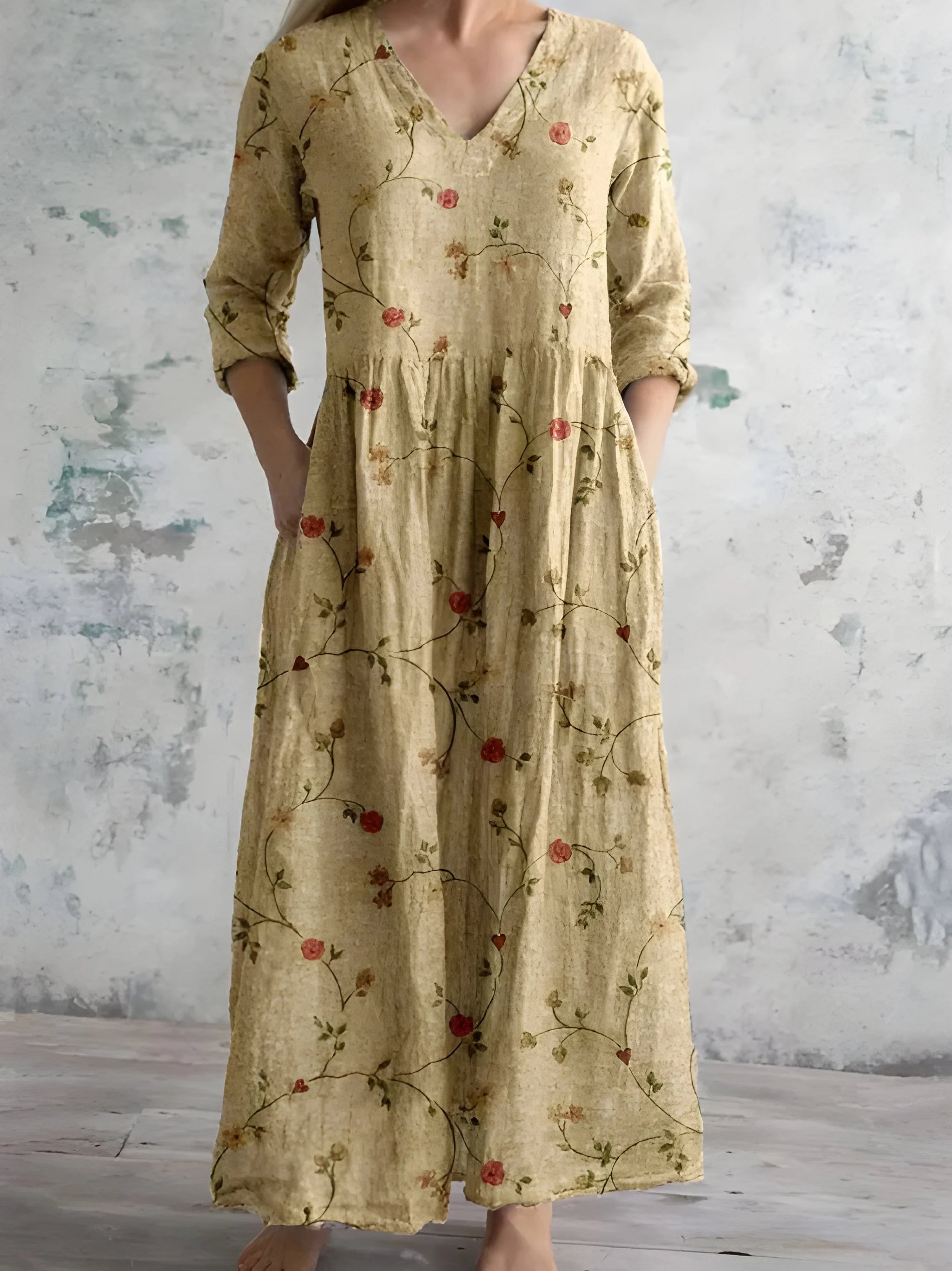 Women's Floral Vintage Maxi Summer Dress with V-Neck