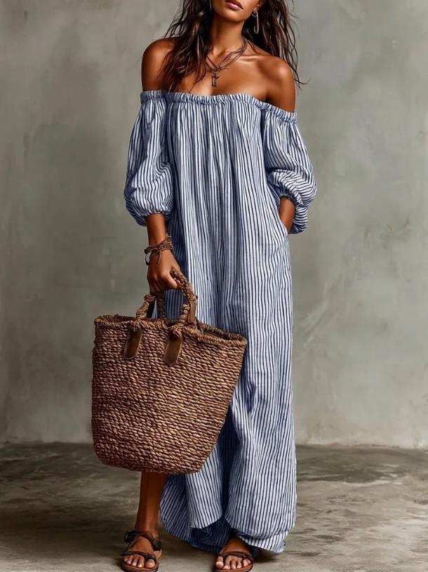 Women's Relaxed Striped Maxi Summer Dress with Off-Shoulder Design