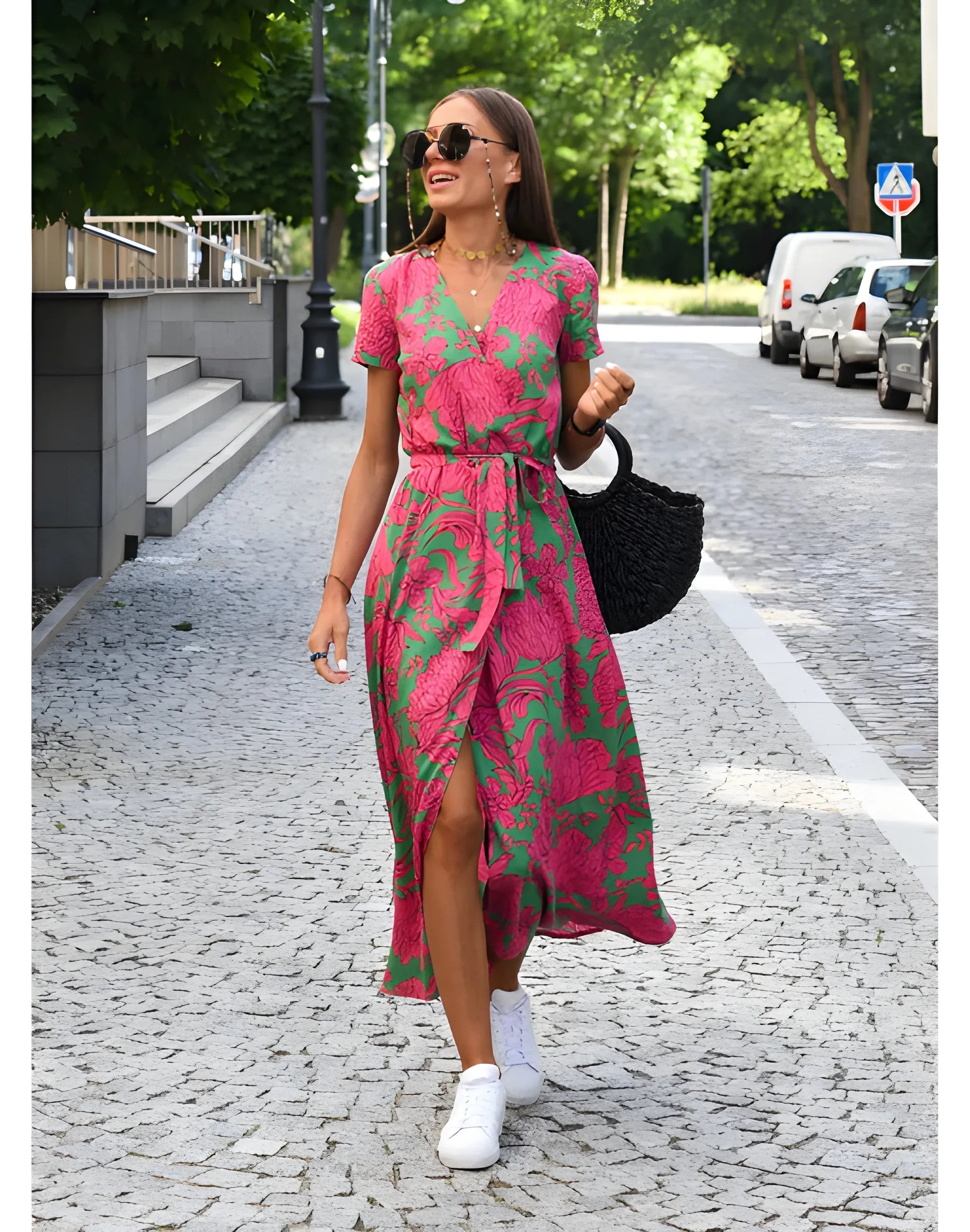 Women's Floral Flowy Midi Summer Dress with Short Sleeves