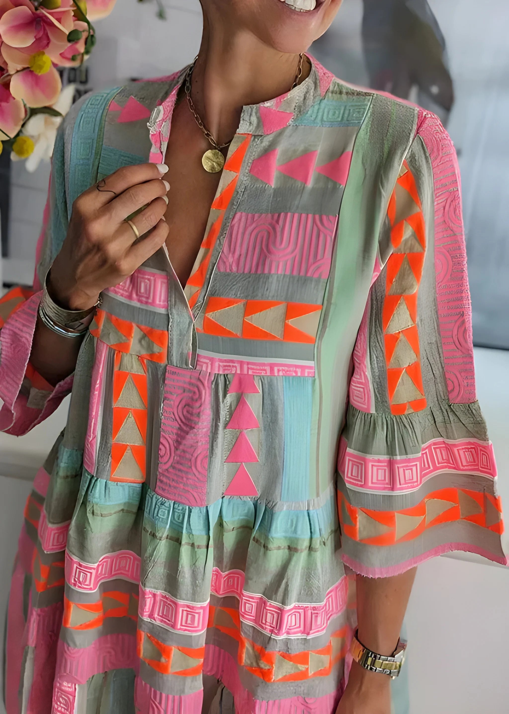 Women's Printed Boho Midi Summer Dress with V-Neck
