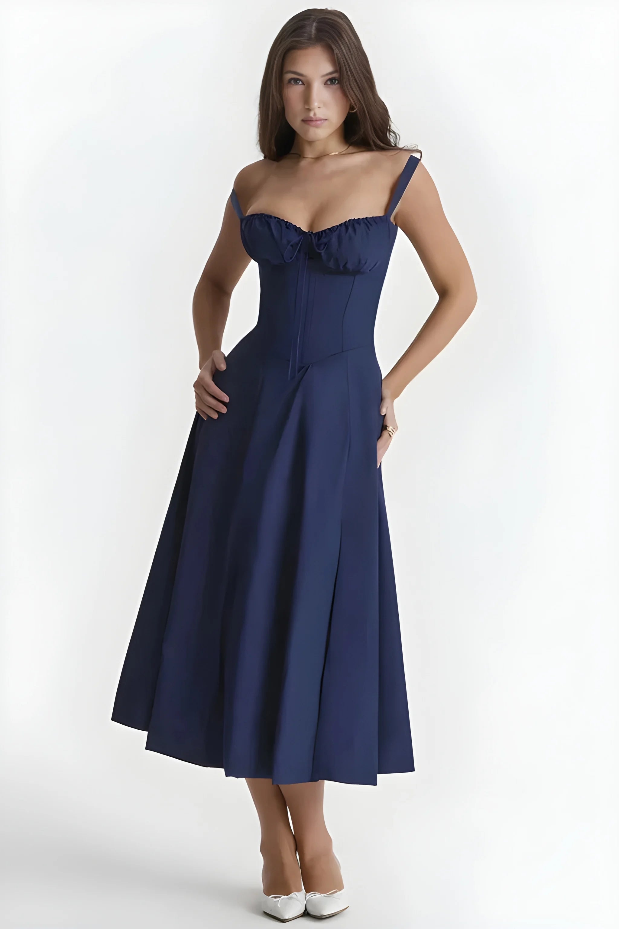 Women's Feminine Fashionable Midi Summer Dress with Bustier Bodice and Adjustable Straps