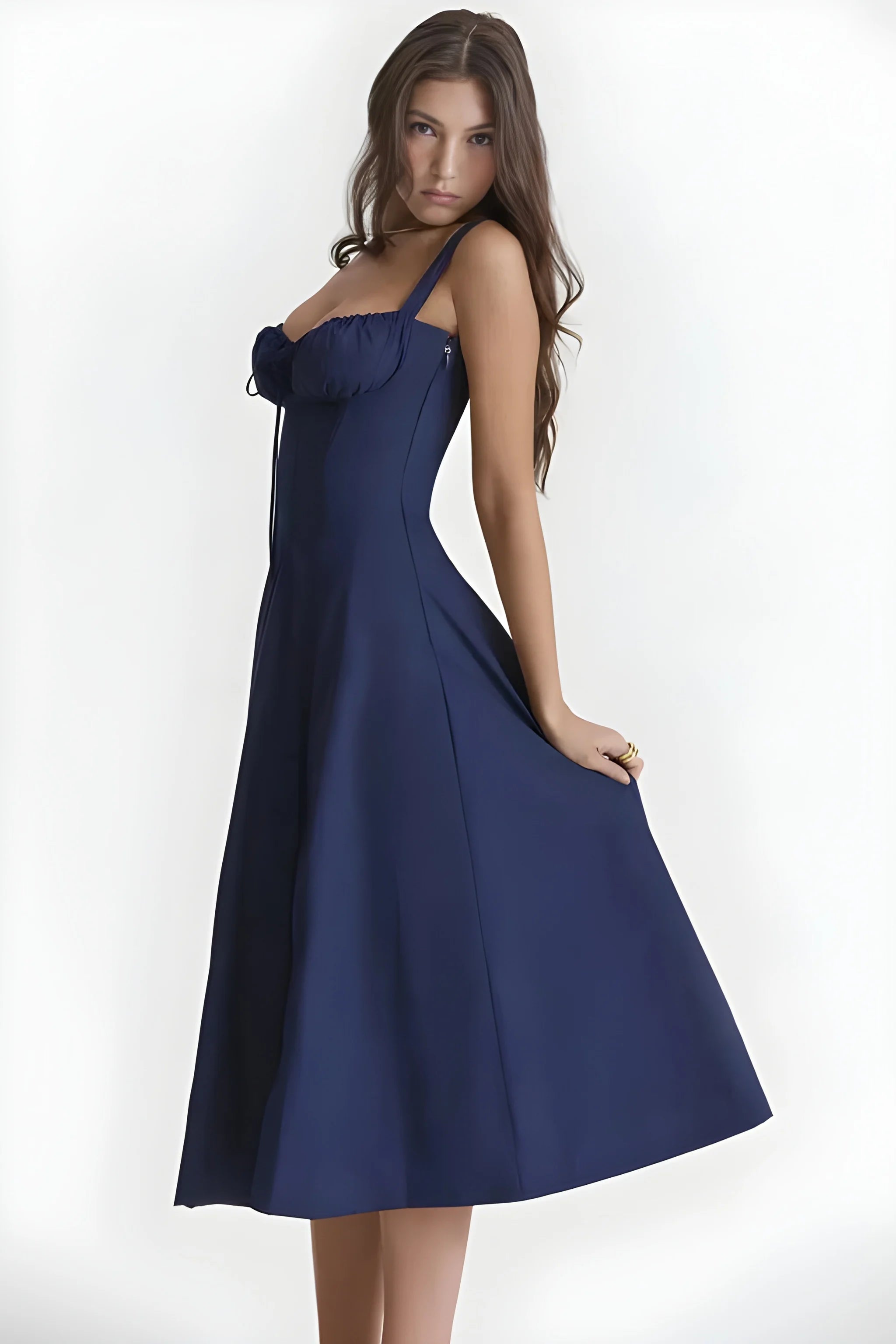 Women's Feminine Fashionable Midi Summer Dress with Bustier Bodice and Adjustable Straps