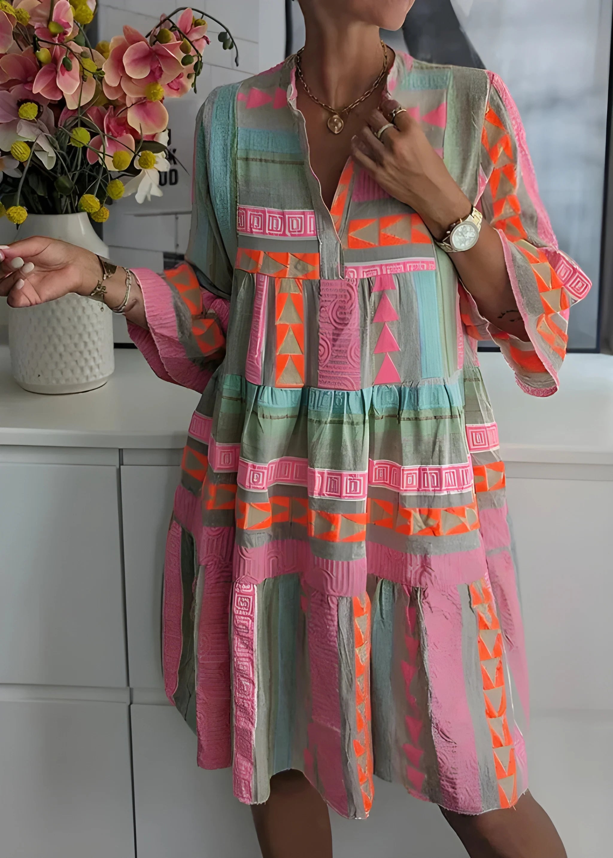Women's Printed Boho Midi Summer Dress with V-Neck