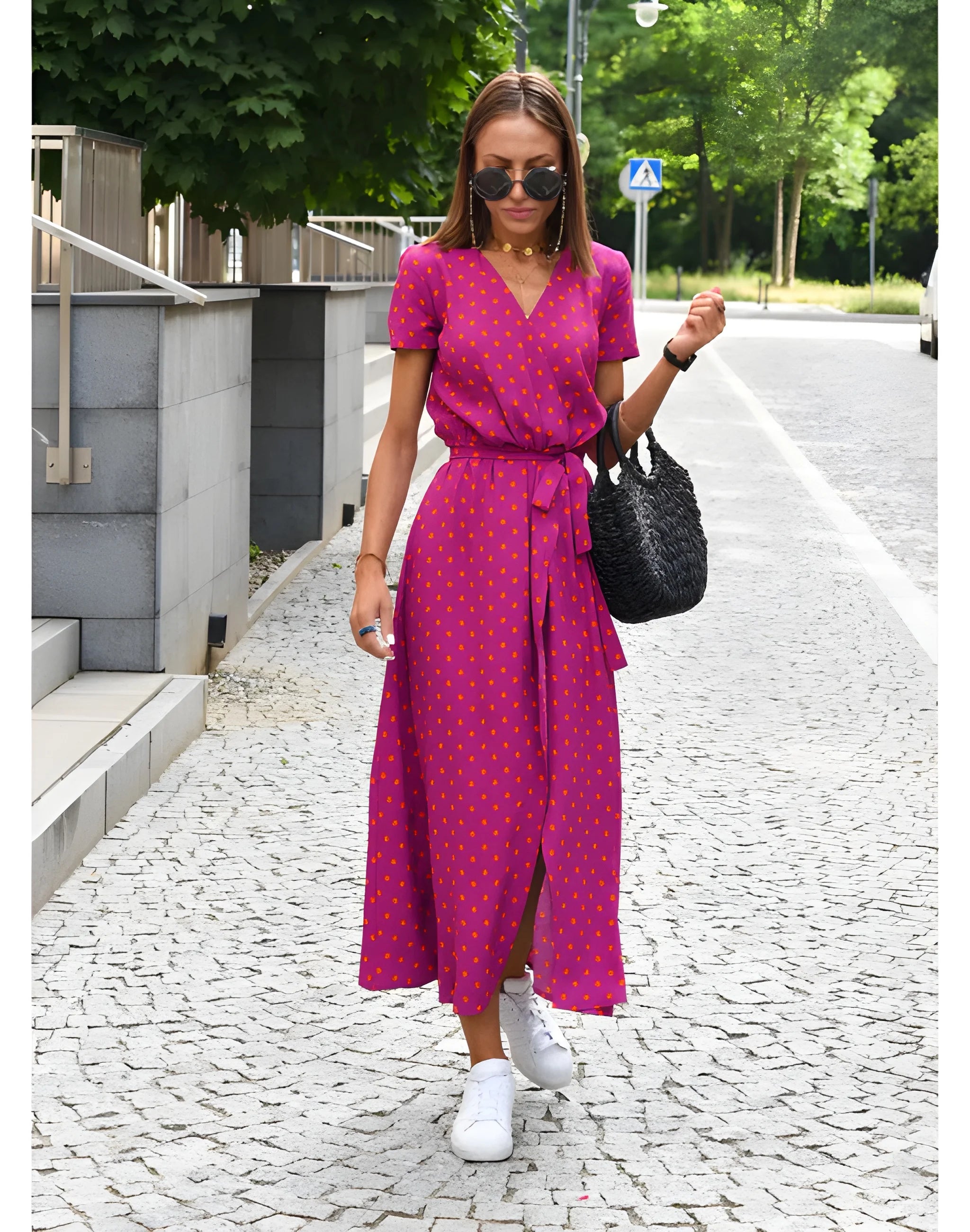 Women's Floral Flowy Midi Summer Dress with Short Sleeves
