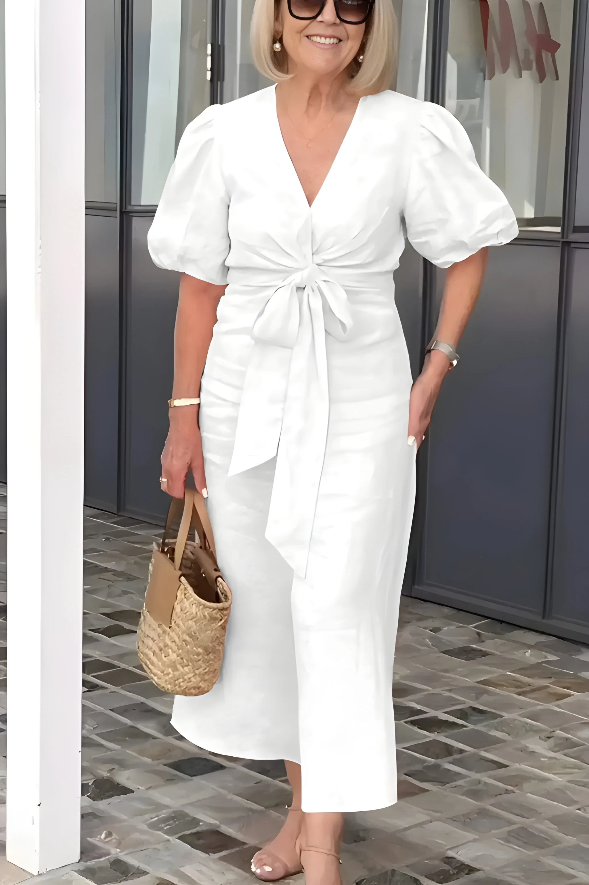 Women's Elegant Midi Summer Dress with Puff Sleeve