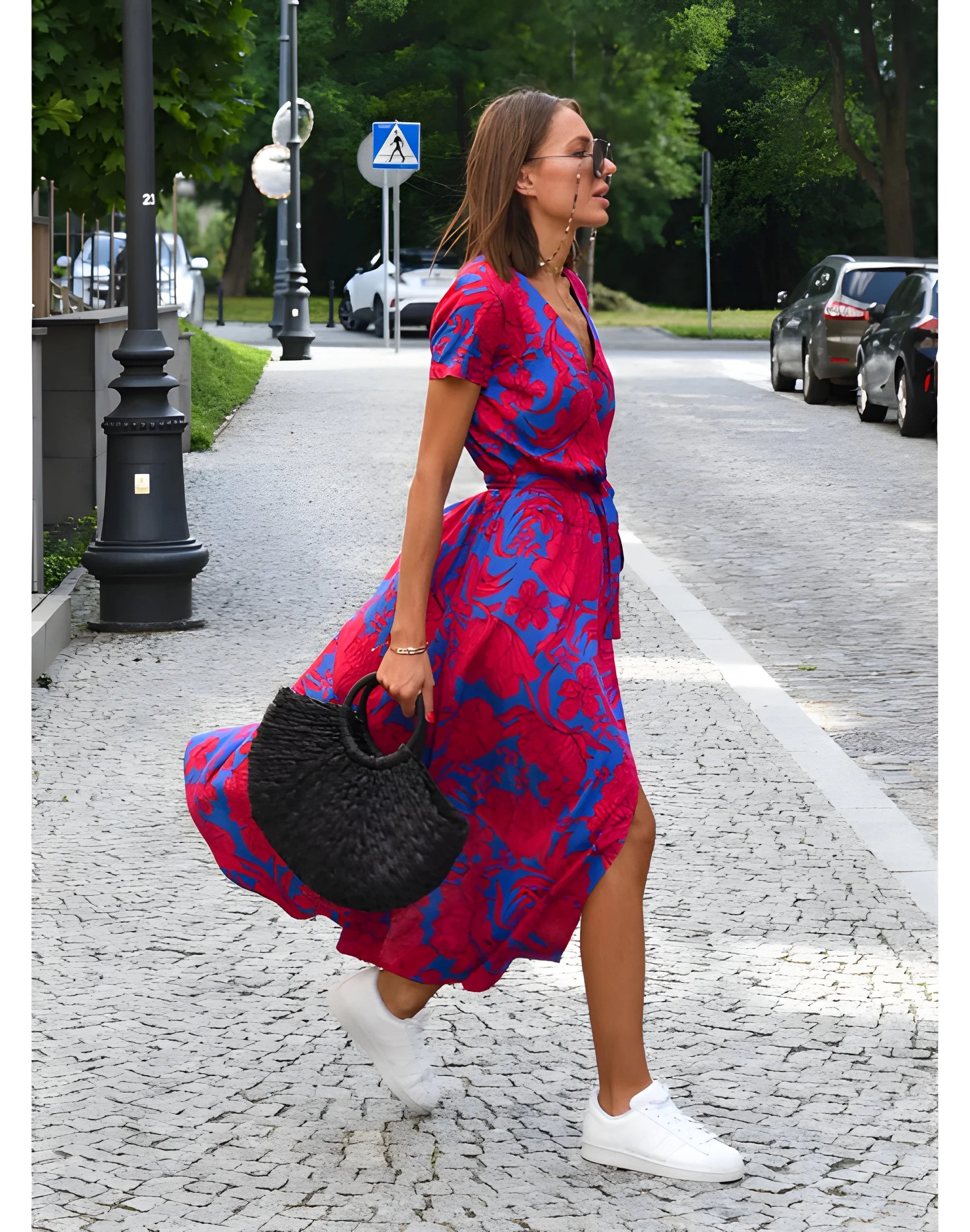 Women's Floral Flowy Midi Summer Dress with Short Sleeves