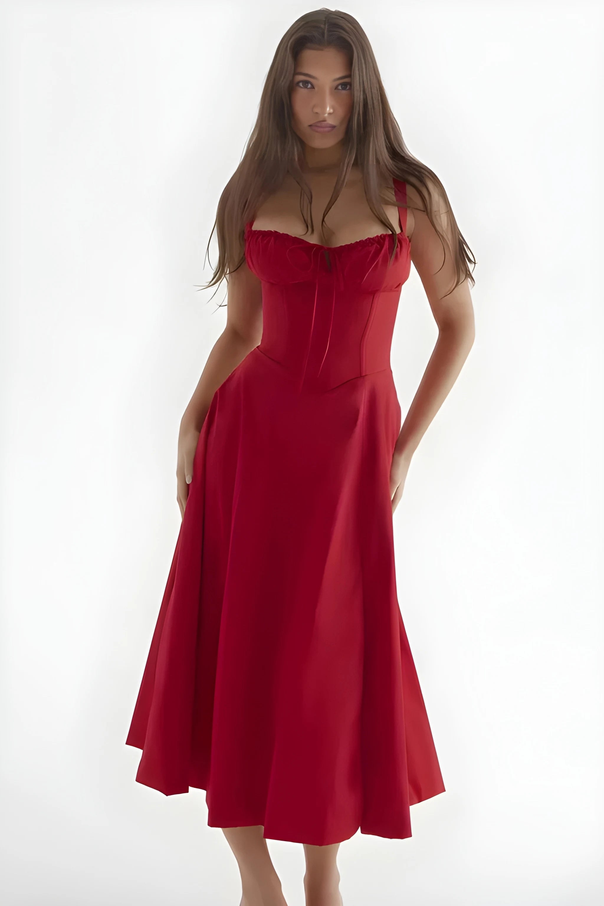 Women's Feminine Fashionable Midi Summer Dress with Bustier Bodice and Adjustable Straps