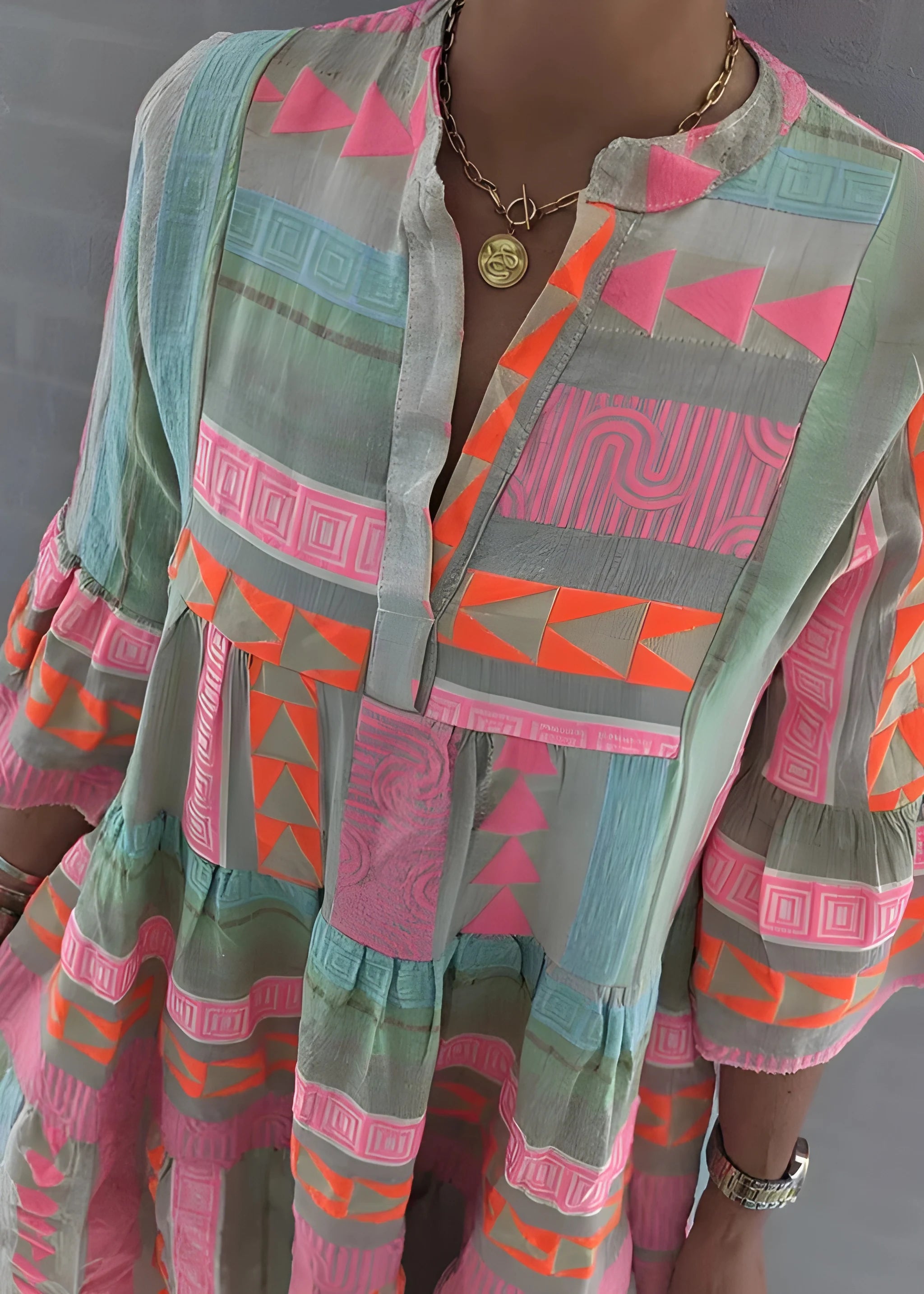 Women's Printed Boho Midi Summer Dress with V-Neck
