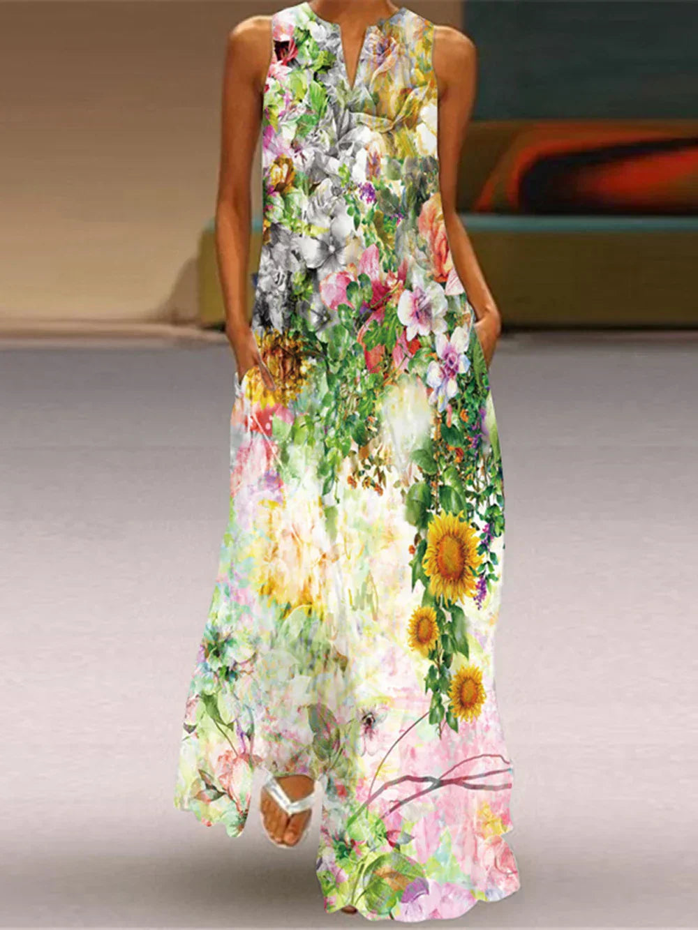 Women's Casual Maxi Summer Dress with V-Neck