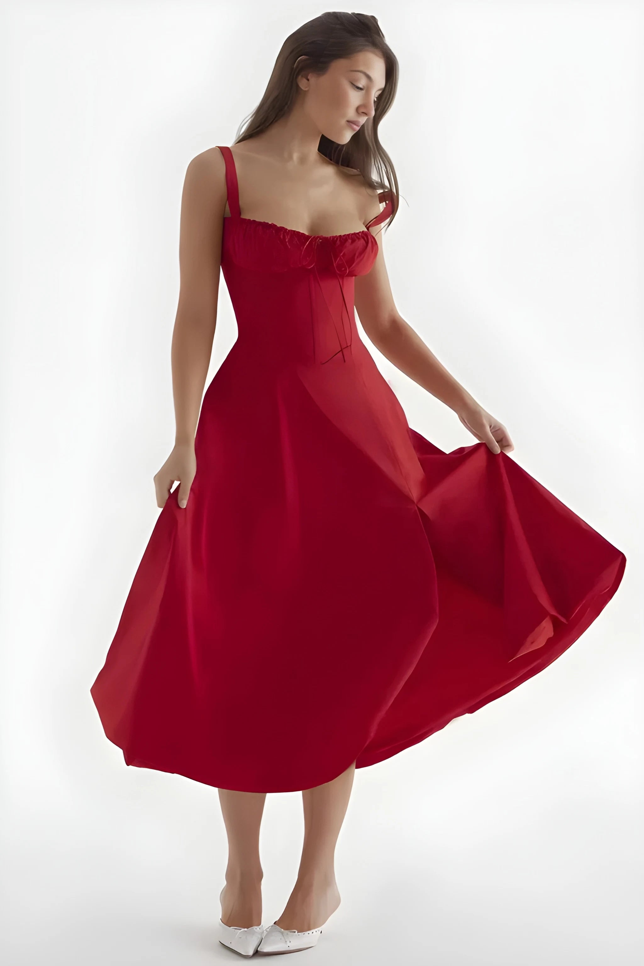 Women's Feminine Fashionable Midi Summer Dress with Bustier Bodice and Adjustable Straps