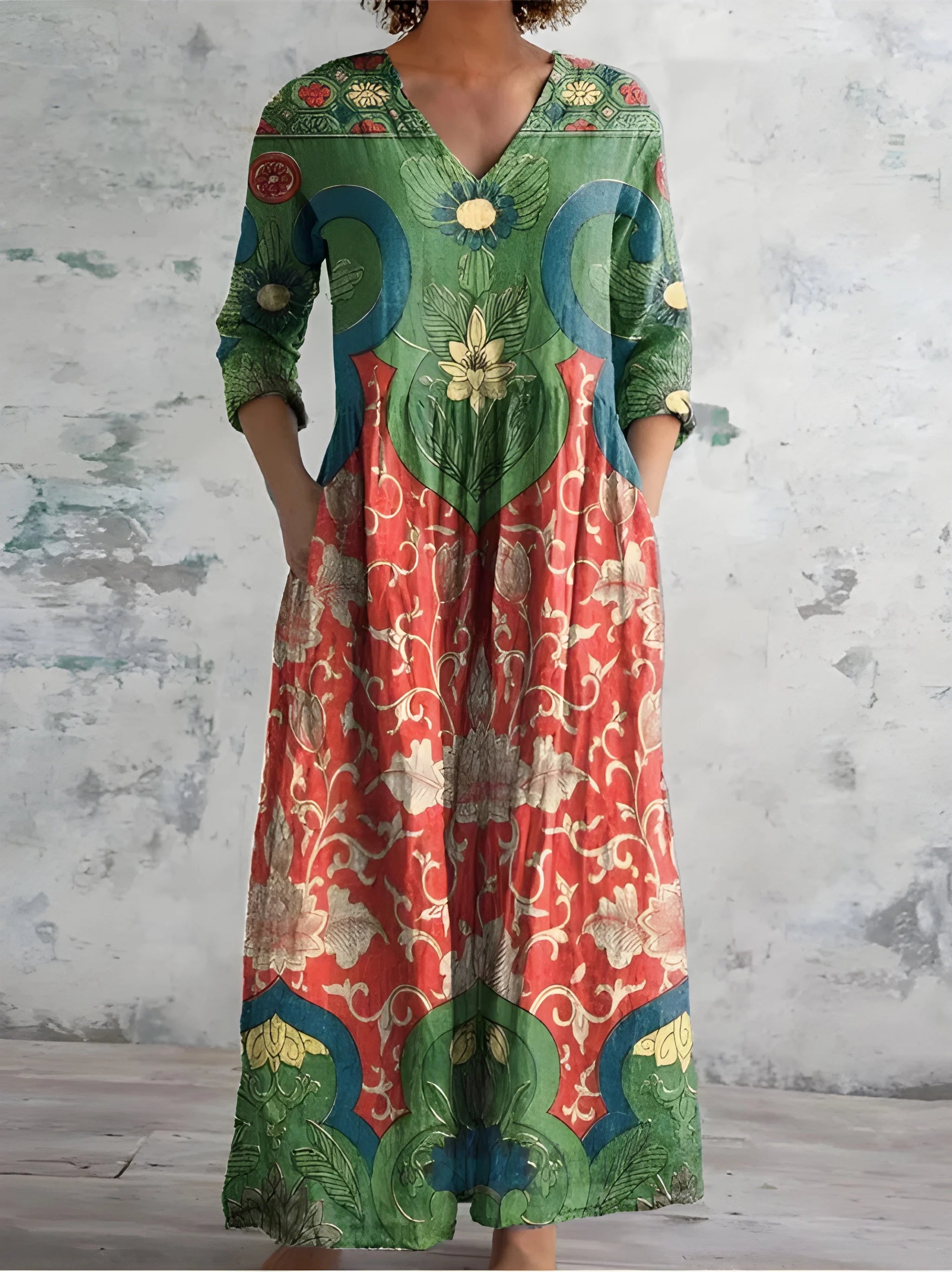 Women's Floral Vintage Maxi Summer Dress with V-Neck