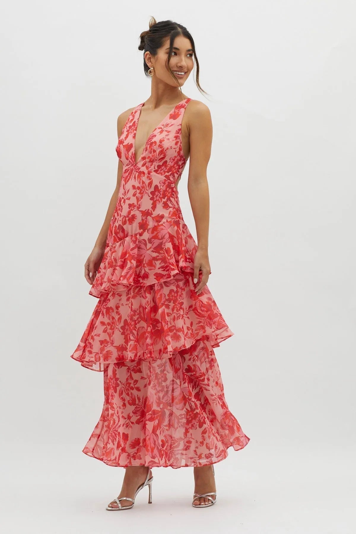 Women's Floral Ruffle Midi Summer Dress with V-Neck