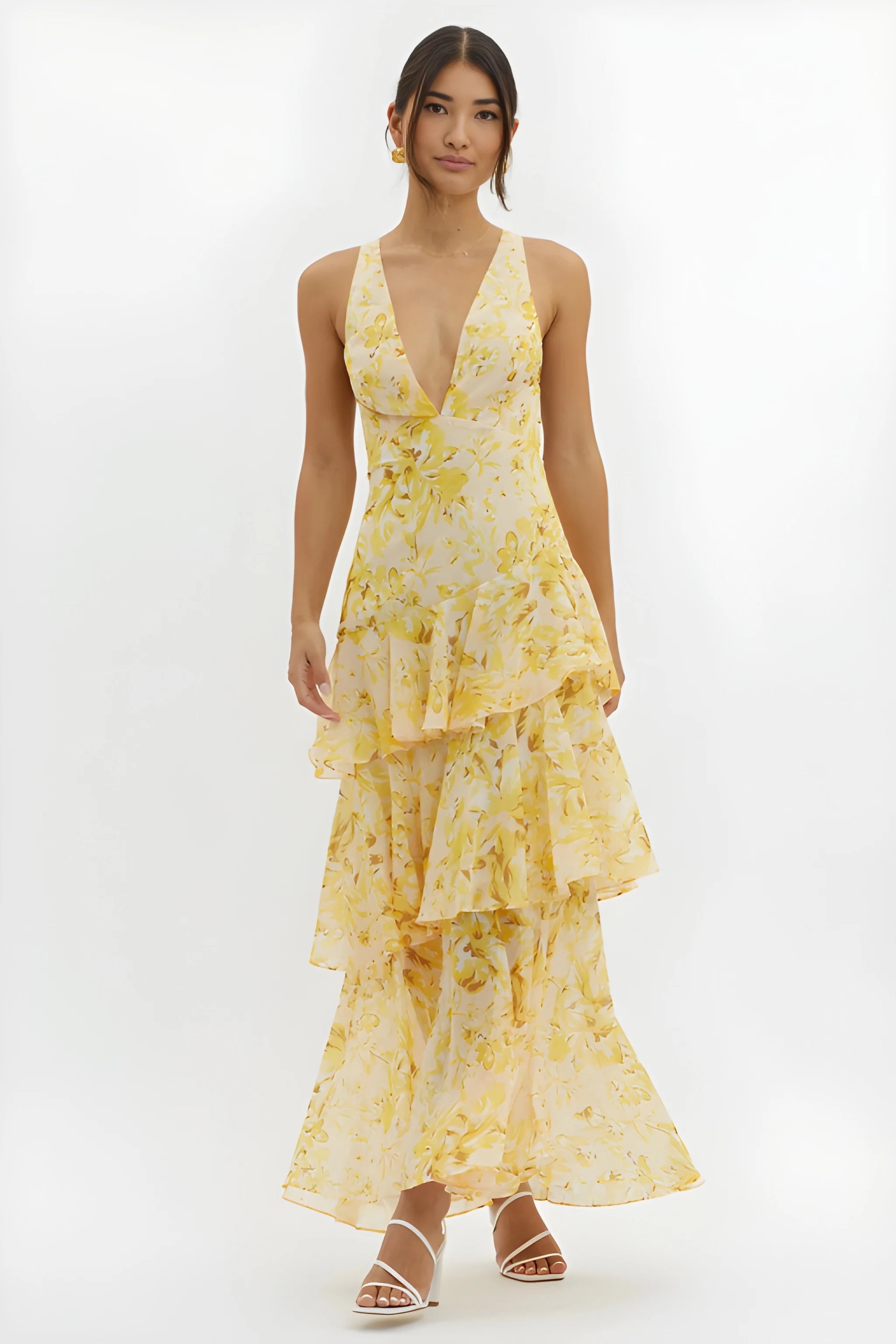 Women's Floral Ruffle Midi Summer Dress with V-Neck