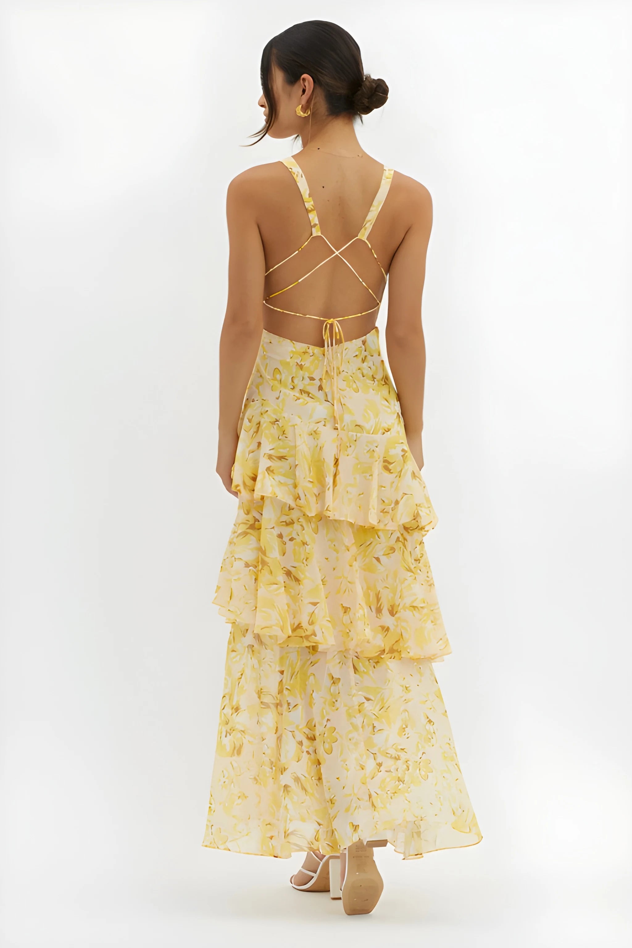 Women's Floral Ruffle Midi Summer Dress with V-Neck