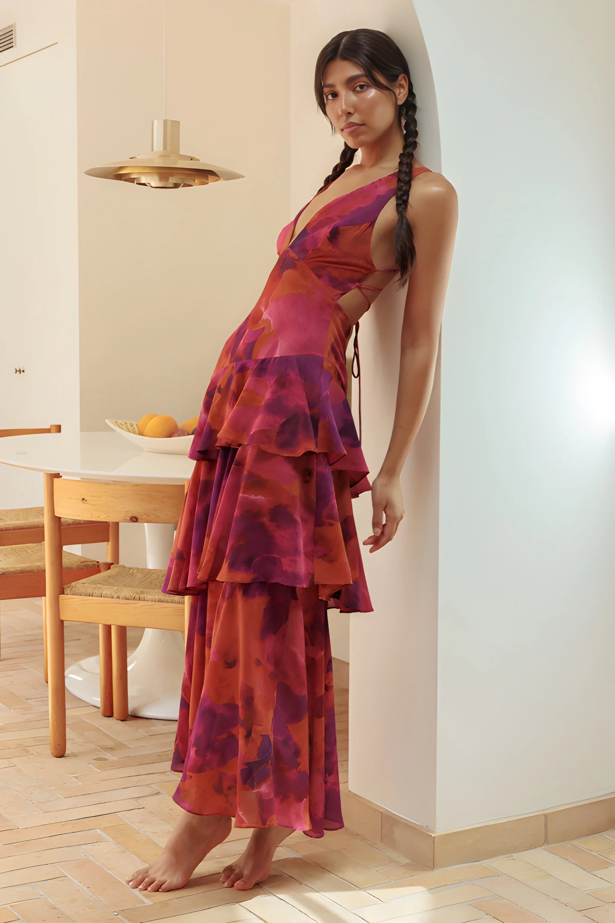 Women's Floral Ruffle Midi Summer Dress with V-Neck