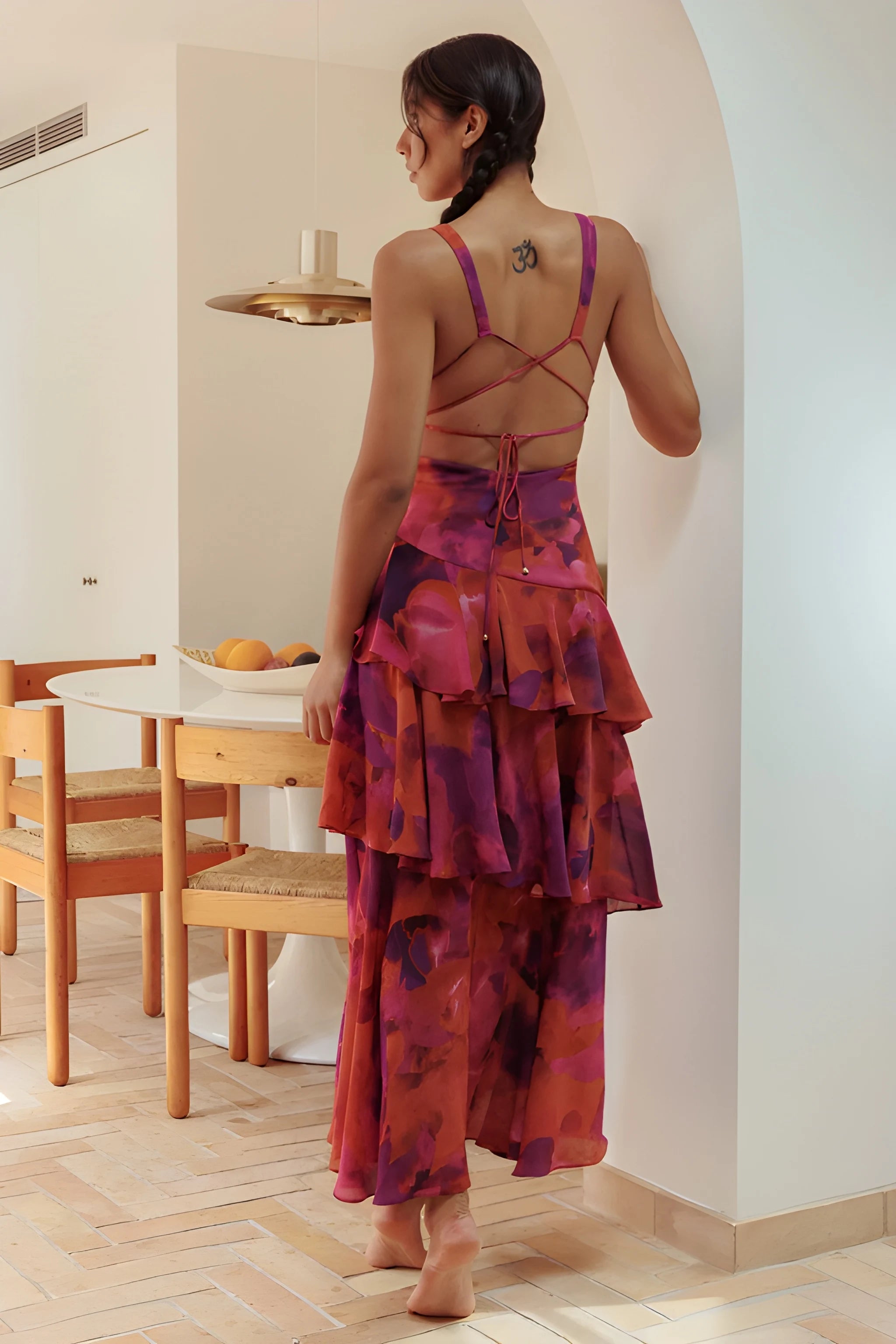 Women's Floral Ruffle Midi Summer Dress with V-Neck