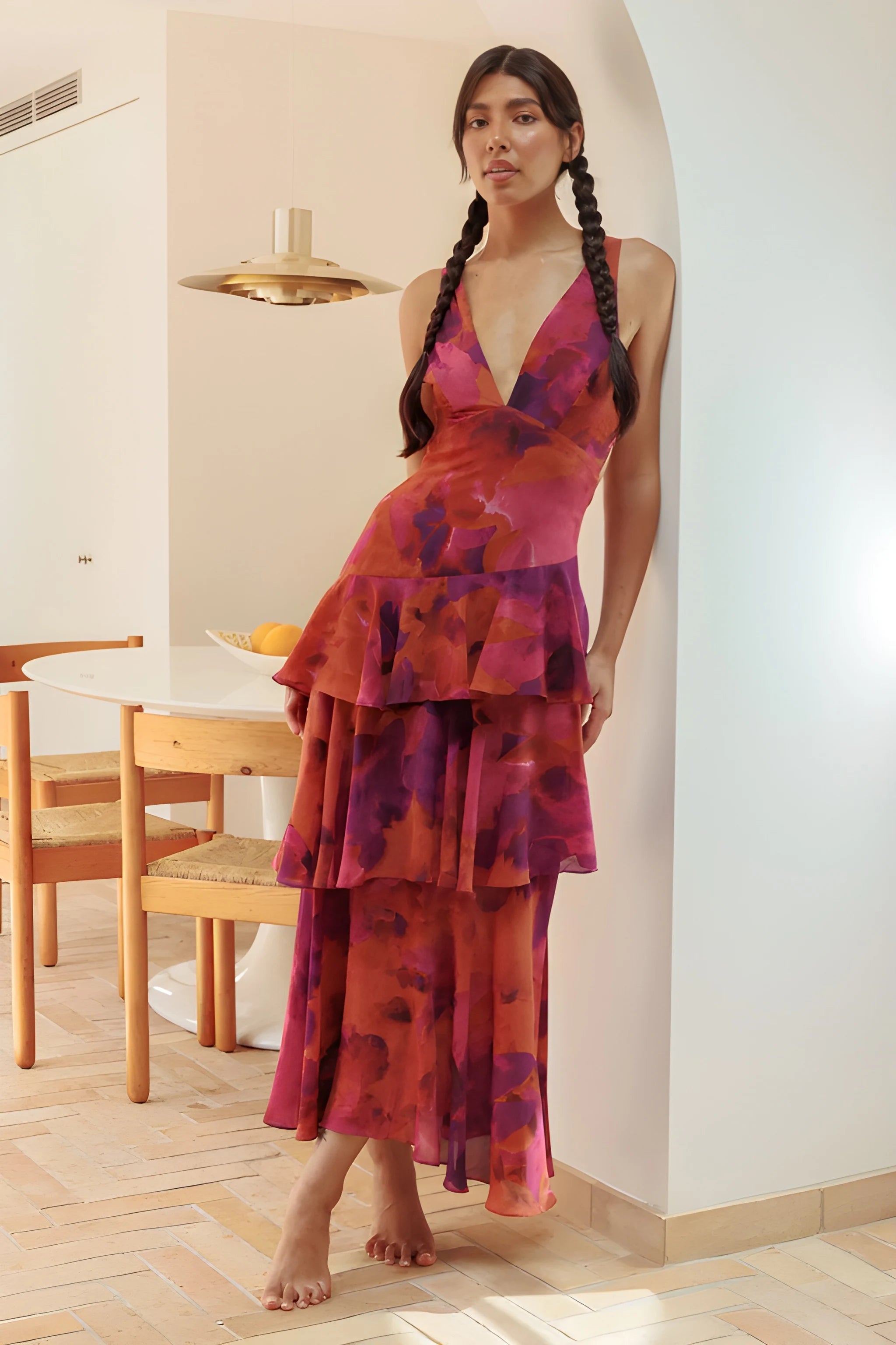 Women's Floral Ruffle Midi Summer Dress with V-Neck