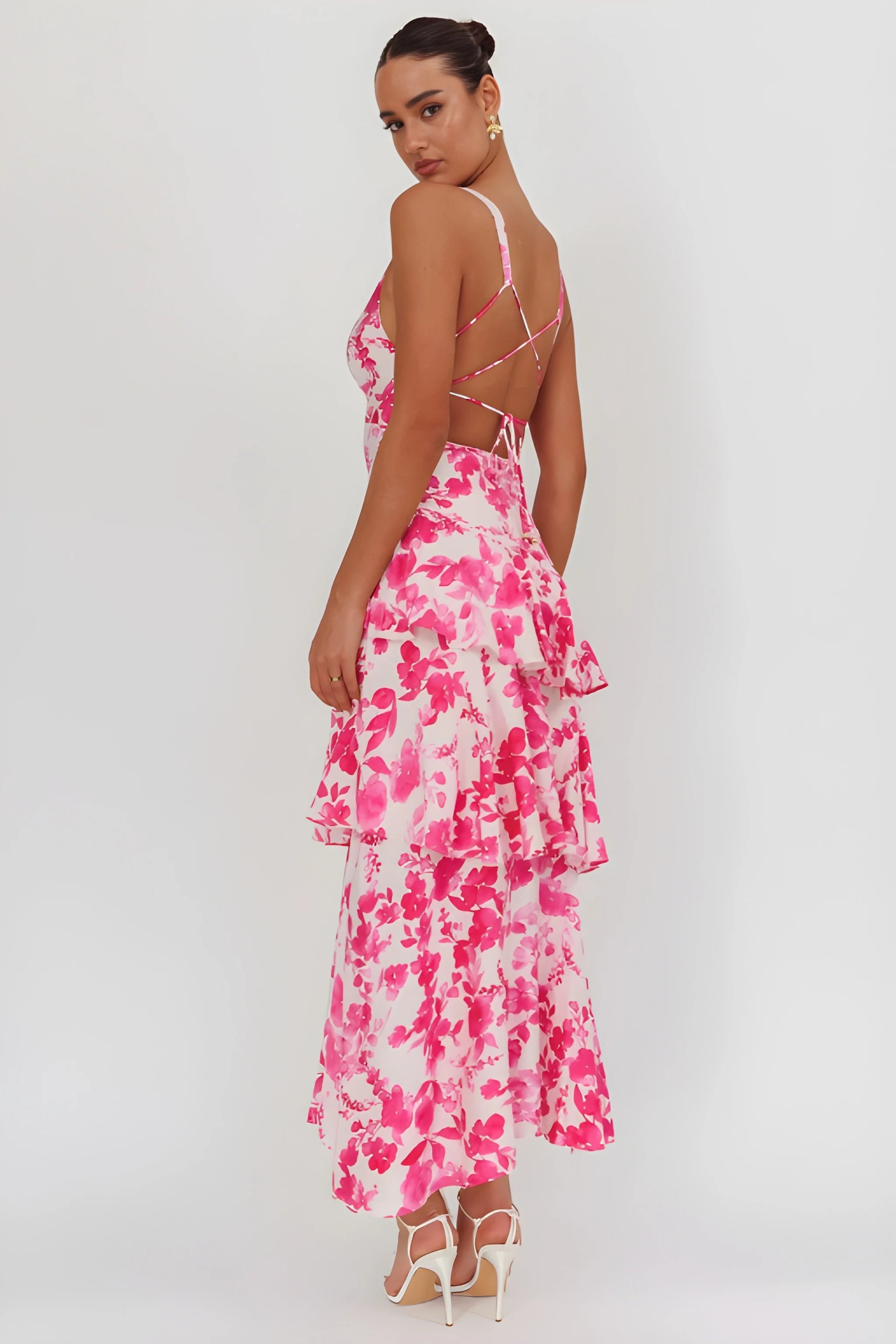 Women's Floral Ruffle Midi Summer Dress with V-Neck