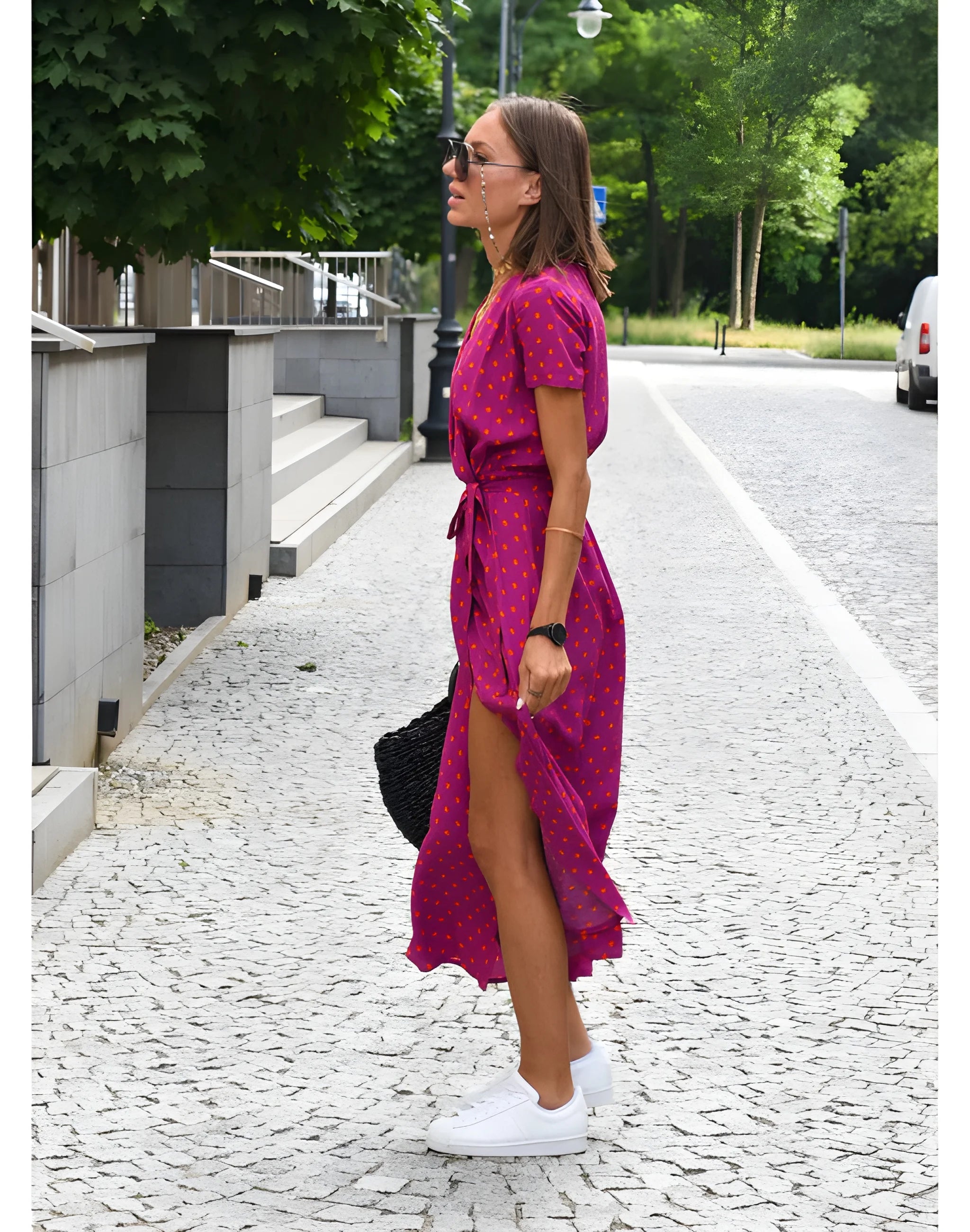 Women's Floral Flowy Midi Summer Dress with Short Sleeves