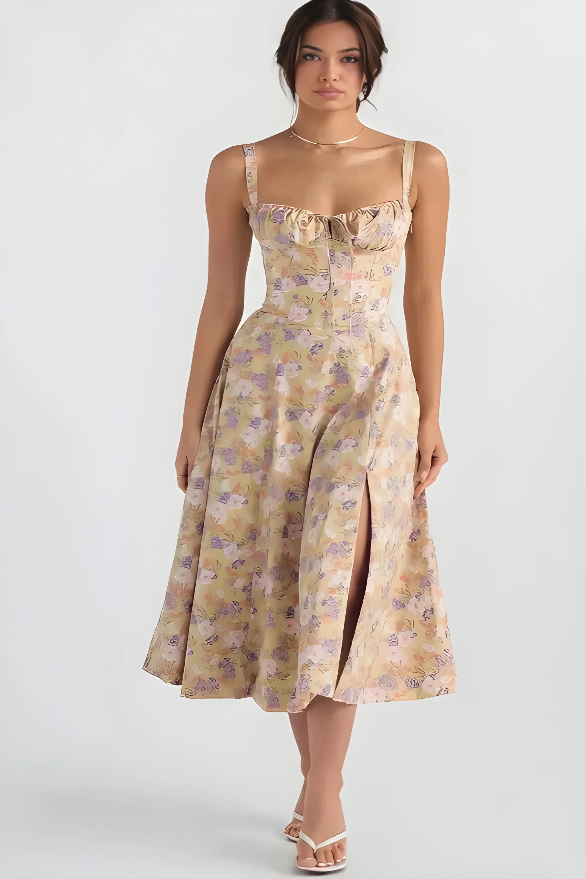 Women's Feminine Fashionable Midi Summer Dress with Bustier Bodice and Adjustable Straps