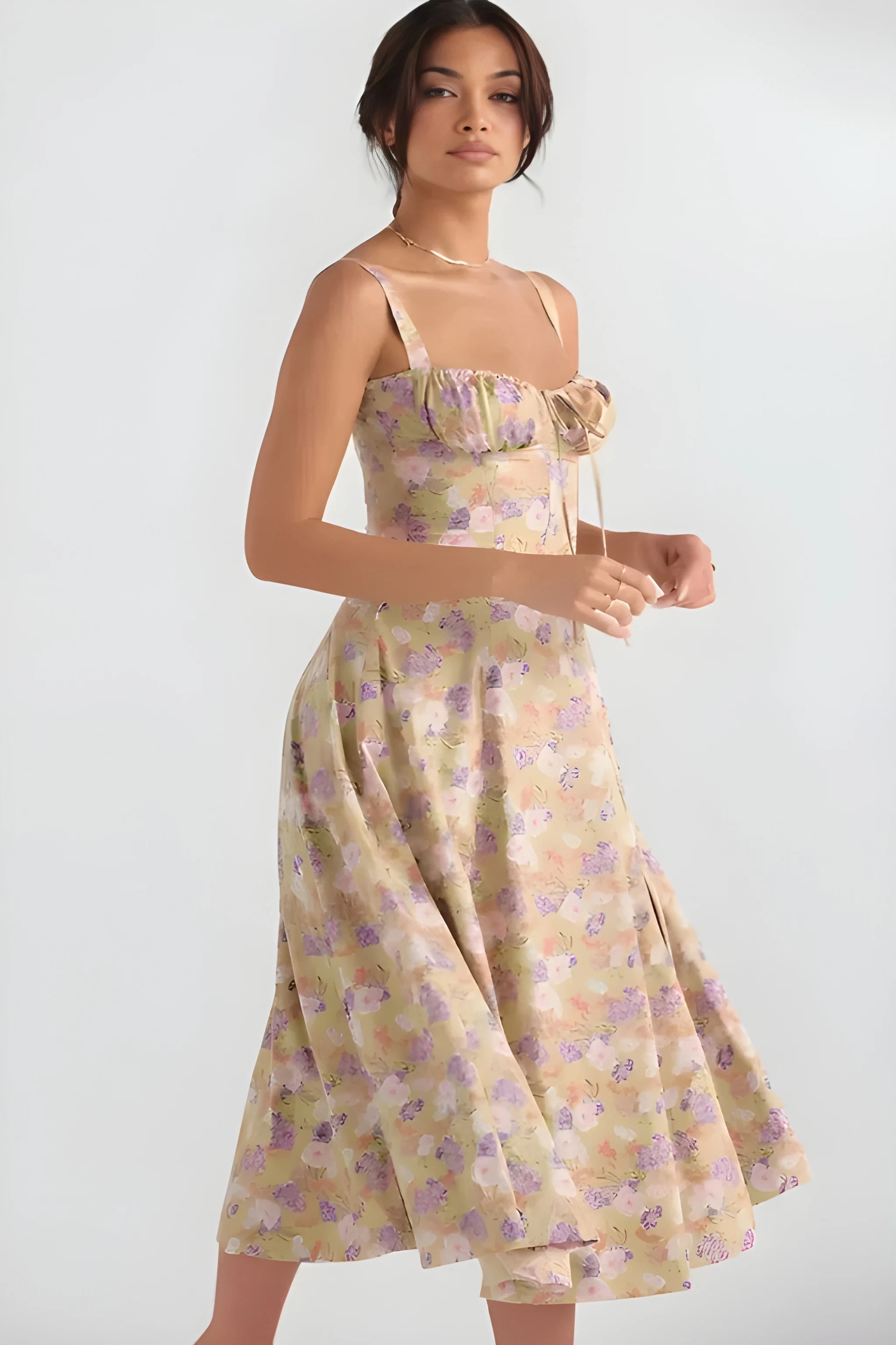 Women's Feminine Fashionable Midi Summer Dress with Bustier Bodice and Adjustable Straps