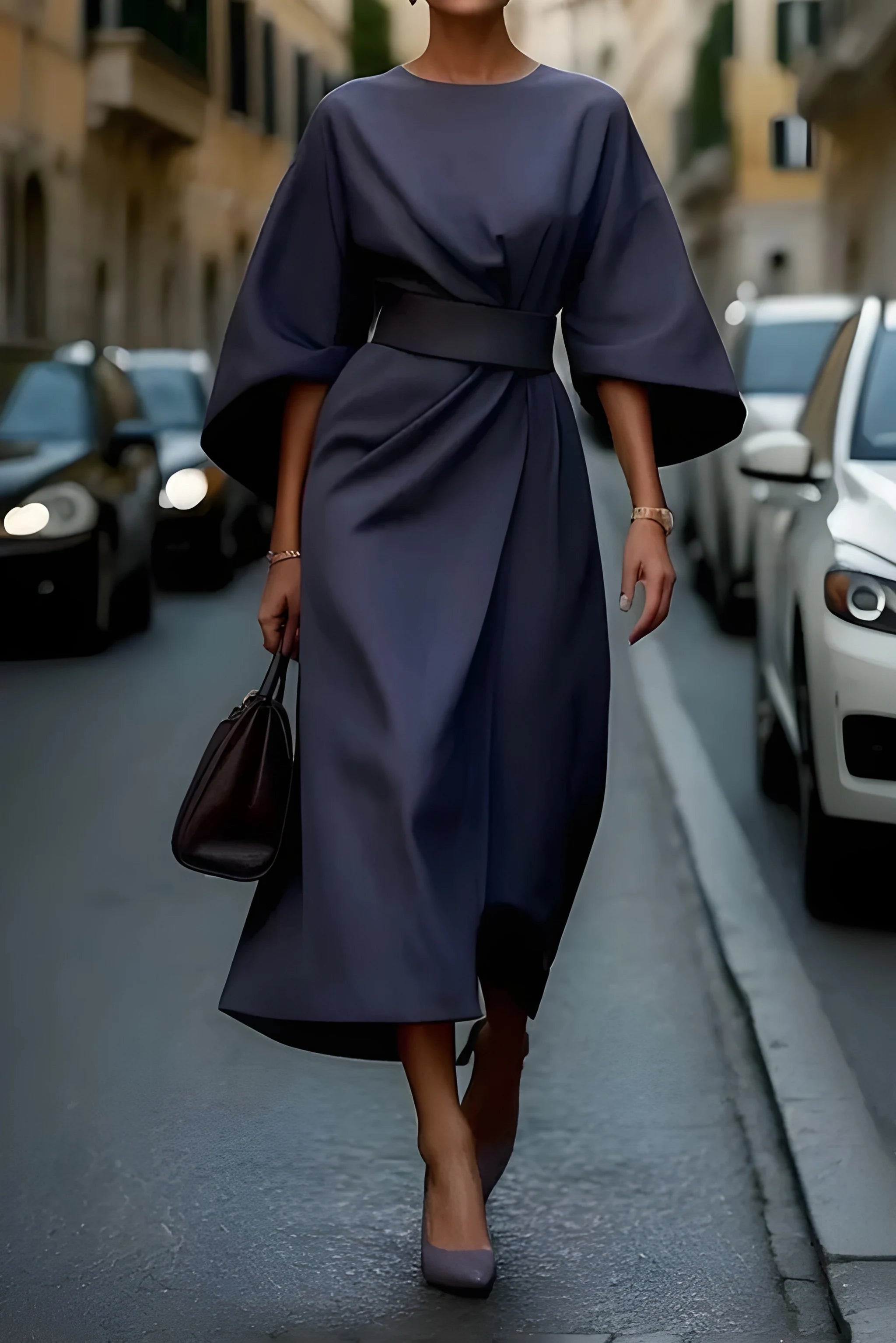 Women's Casual Elegant Midi Summer Dress with Puff Sleeve and High Neck