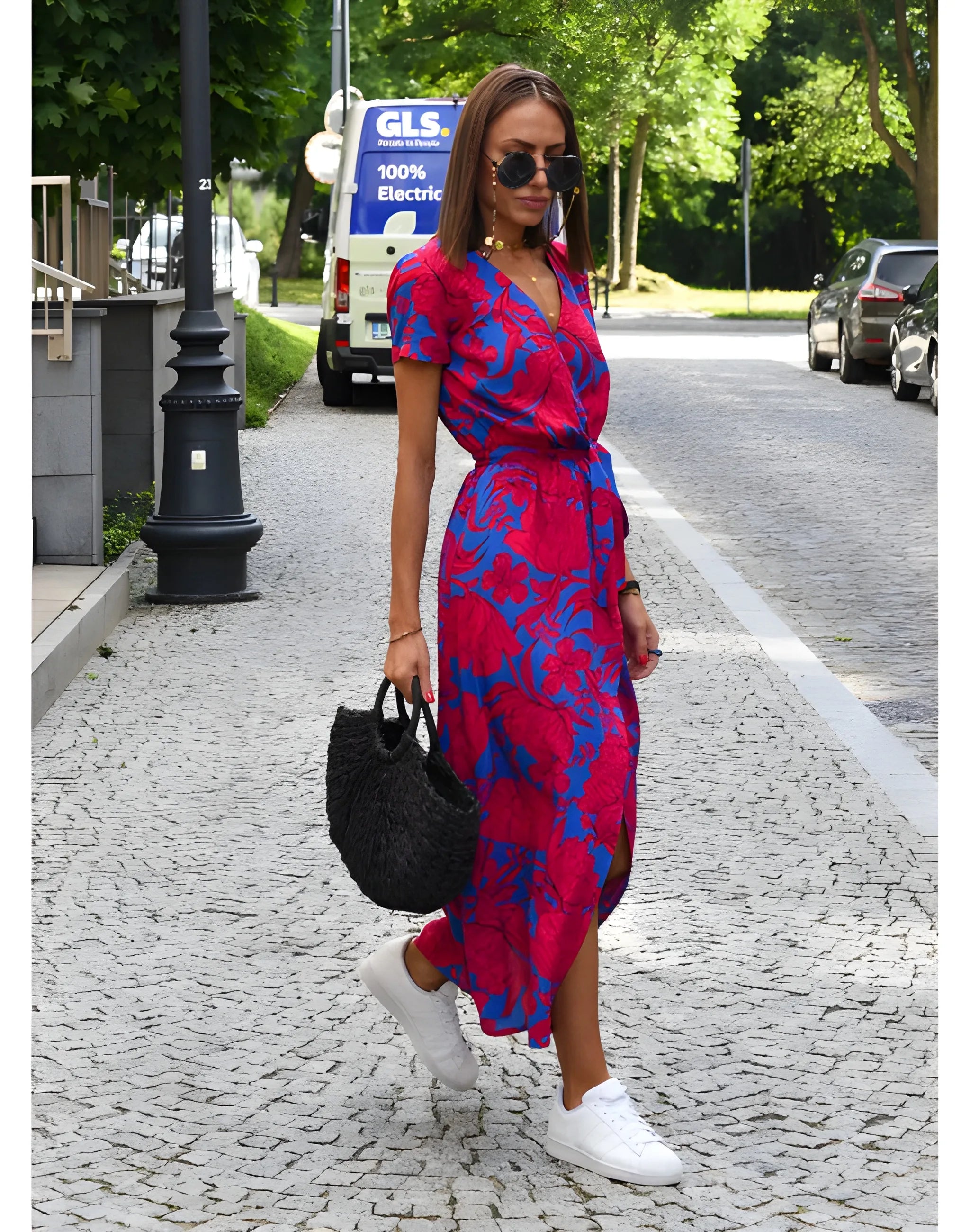 Women's Floral Flowy Midi Summer Dress with Short Sleeves