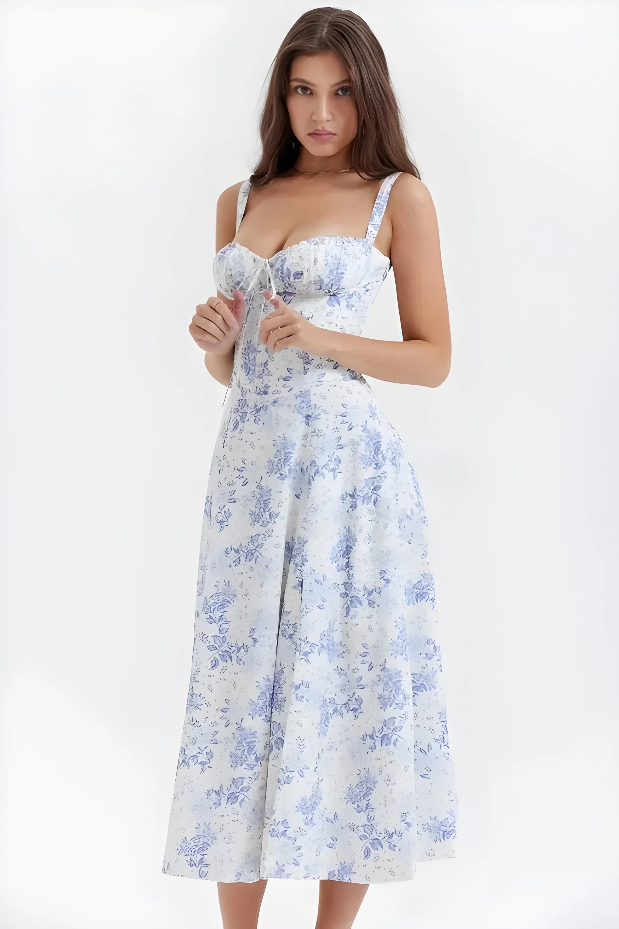 Women's Feminine Fashionable Midi Summer Dress with Bustier Bodice and Adjustable Straps