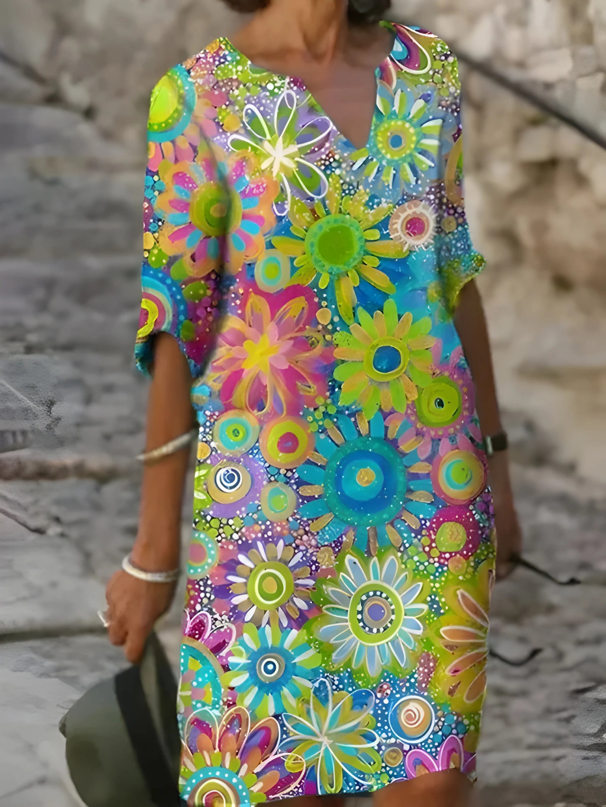 Women's Vintage Floral Midi Summer Dress with V-Neck
