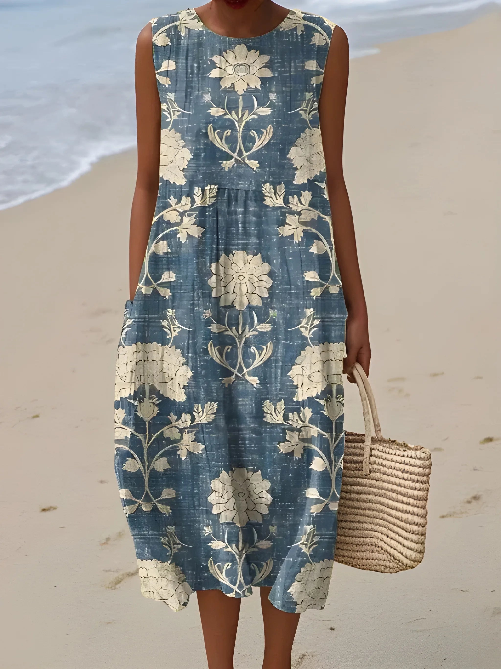 Women's Printed Casual Midi Summer Dress with Round Neck