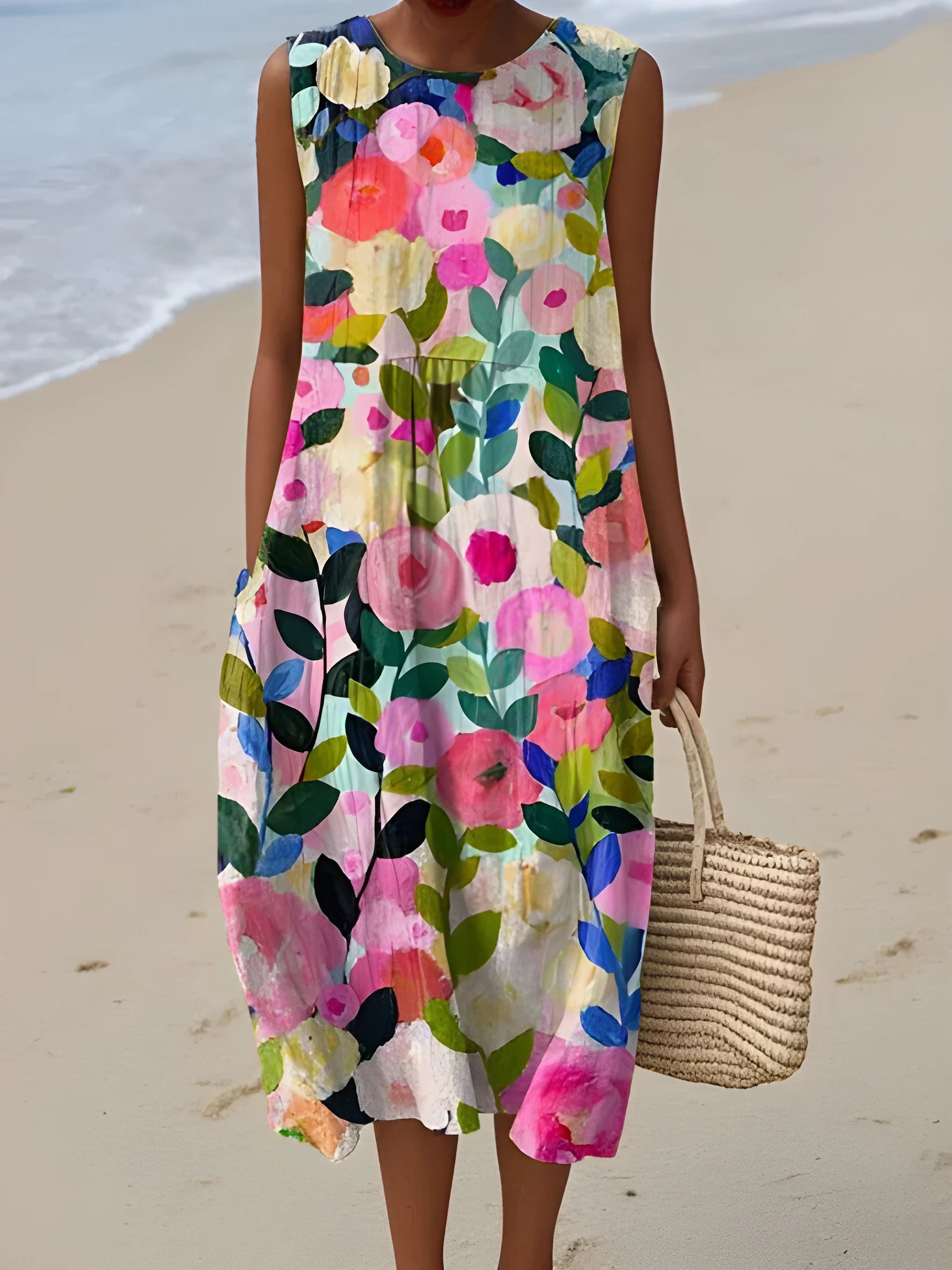 Women's Casual Boho Midi Summer Dress with Sleeveless Cut and Low Back