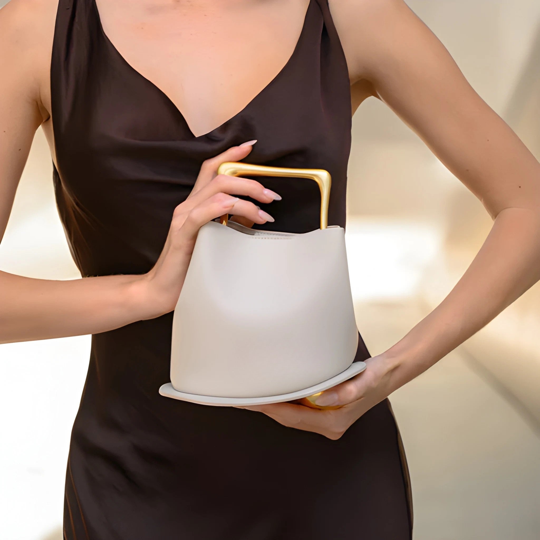 Women's Asymmetrical Hand Bag with Geometric Handle and Detachable Strap